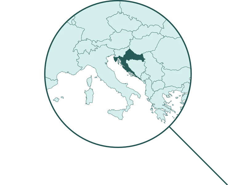 Karte von Europa mit Fokus auf Kroatien, hervorgehoben.