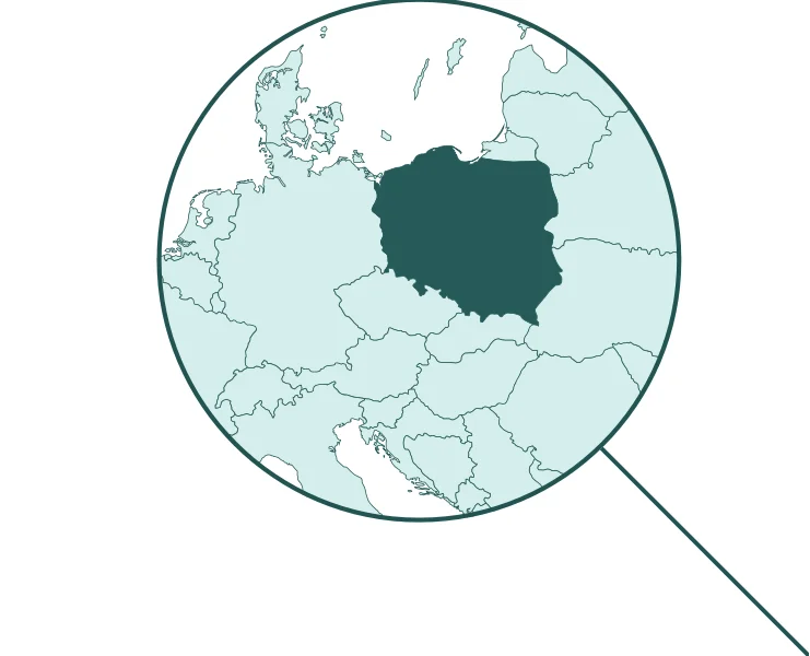 Europakarte mit Fokus auf Polen, hervorgehoben in einem Lupenbereich.