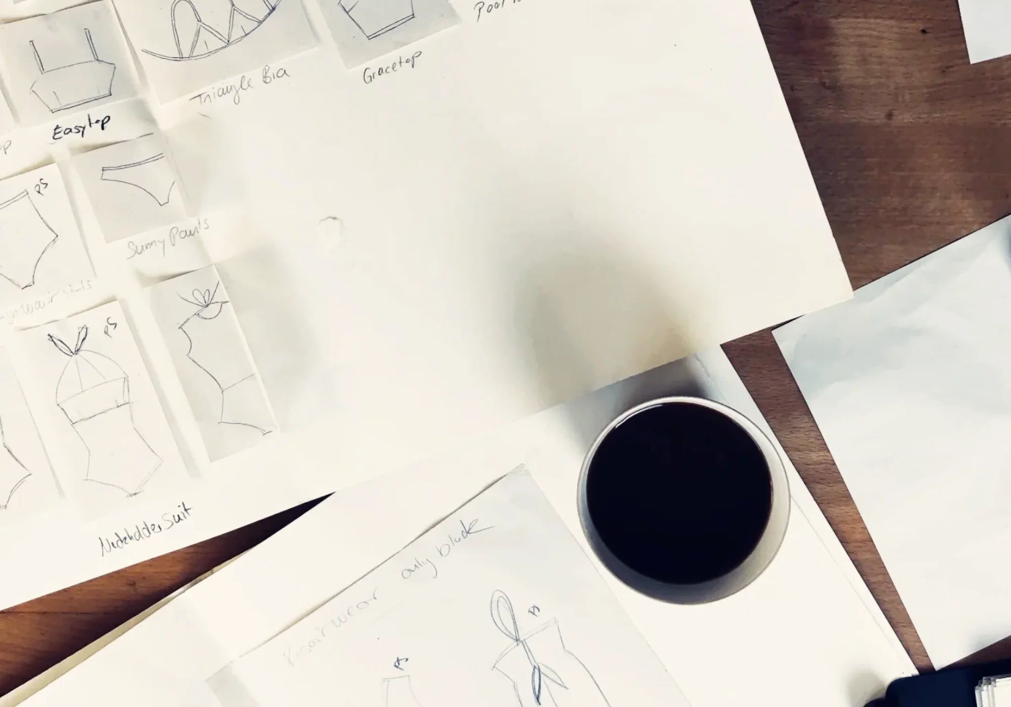 Skizzen von MYMARINI-Bademode auf Papier, darunter Bikinihosen und -tops, neben einer Tasse Kaffee auf einem Holztisch.