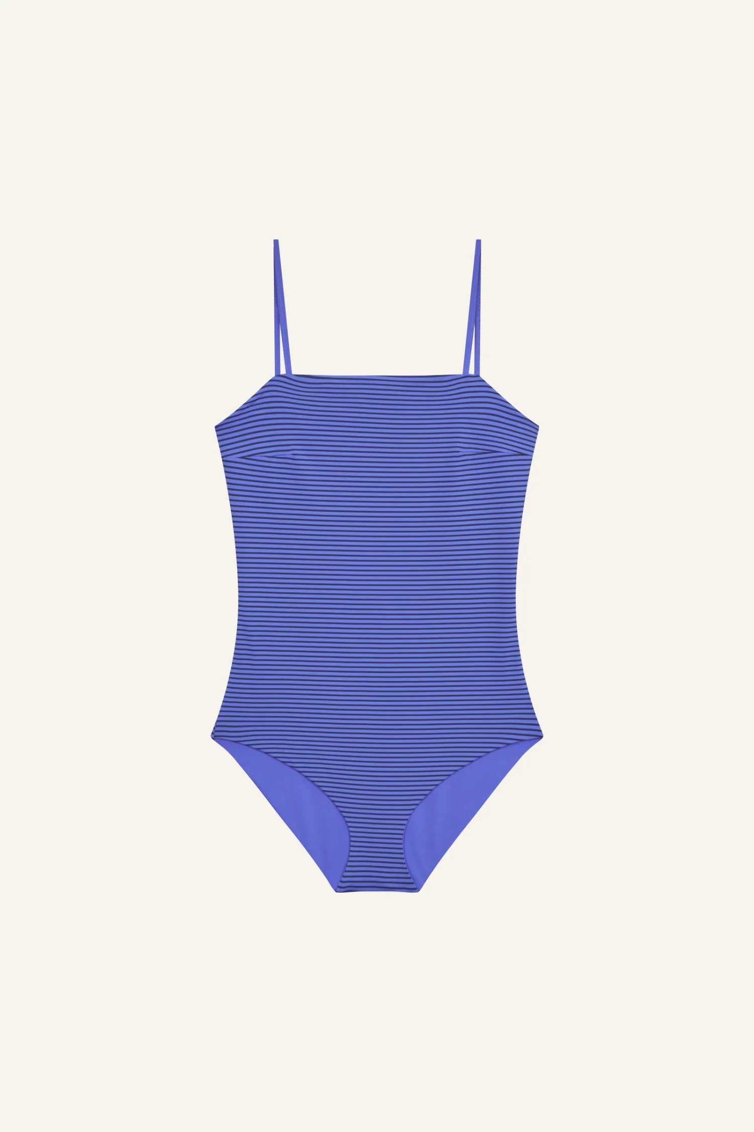 MYMARINI Badeanzug mit schmalen Spaghettiträgern und hohem Beinausschnitt in Blau mit Streifenmuster.#color_blueberry-striped