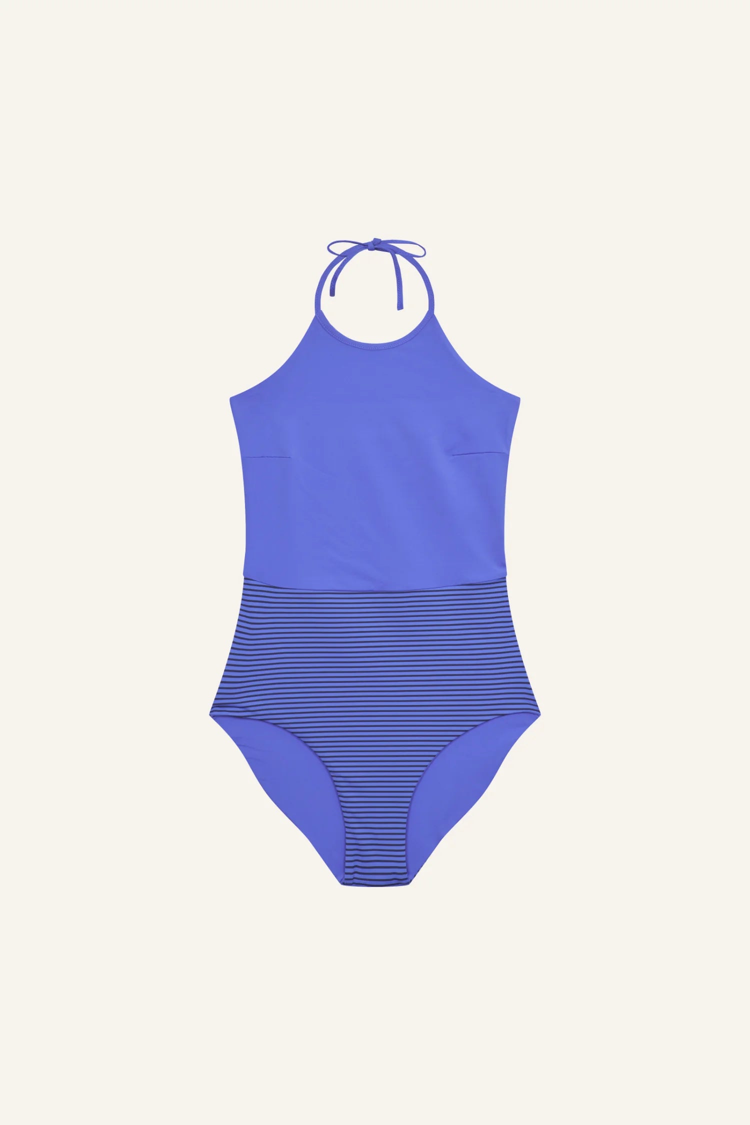 MYMARINI One-Piece in Blau mit Neckholder und gestreiftem, hochgeschlossenem Design.#color_blueberry-striped