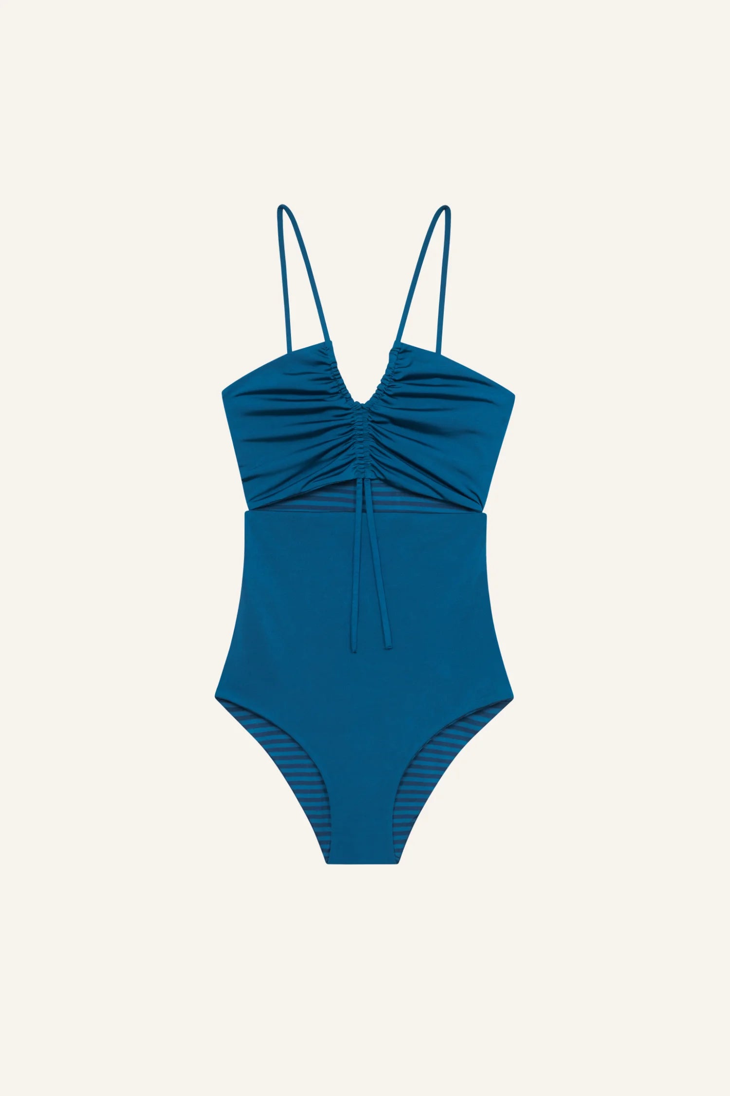 MYMARINI One-Piece-Badeanzug mit Spaghettiträgern, vorne geraffter Raffung und Bindeband, hohem Beinausschnitt.#color_cave-striped