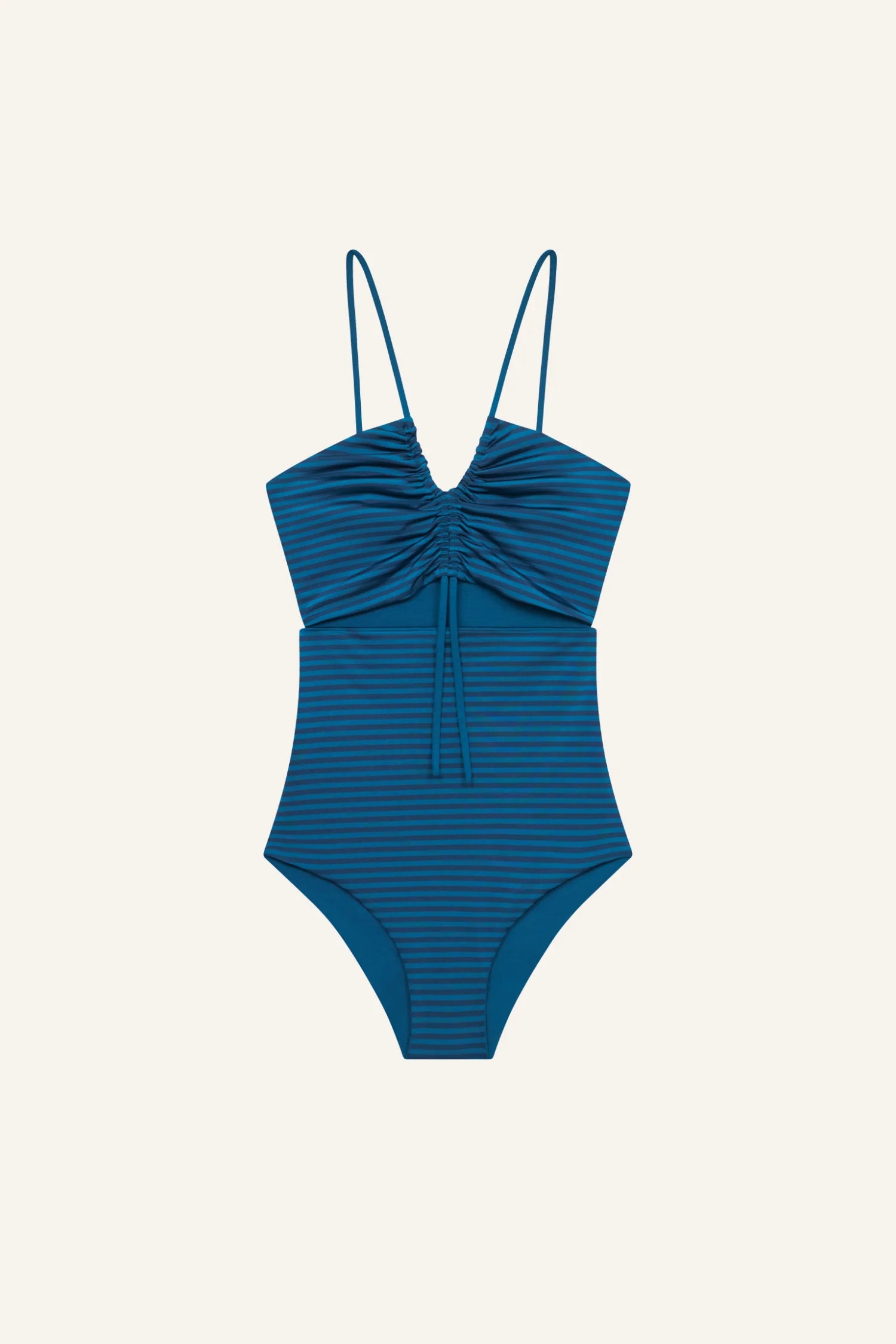 MYMARINI One-Piece-Badeanzug mit Spaghettiträgern, blau-gestreift, vorne geraffte Mitte mit Schnürung, hoher Beinausschnitt.#color_cave-stripe