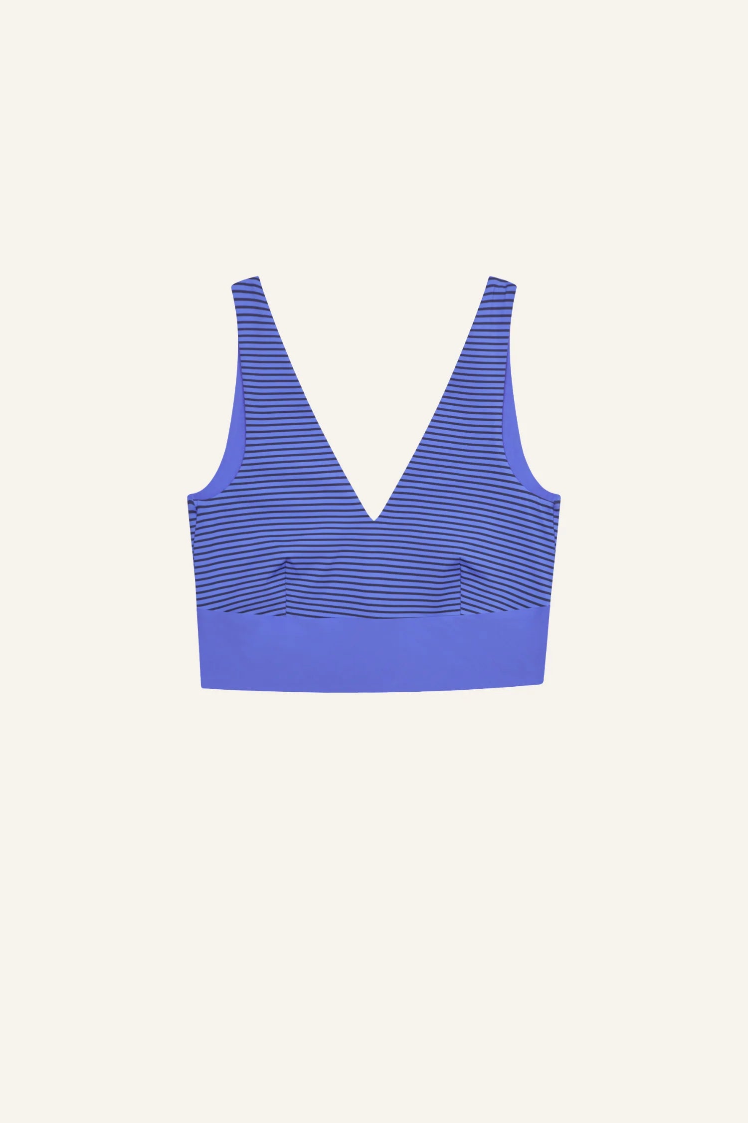 Blaues Bikinitop von MYMARINI mit V-Ausschnitt und breiten Trägern auf hellem Hintergrund.#color_blueberry-striped