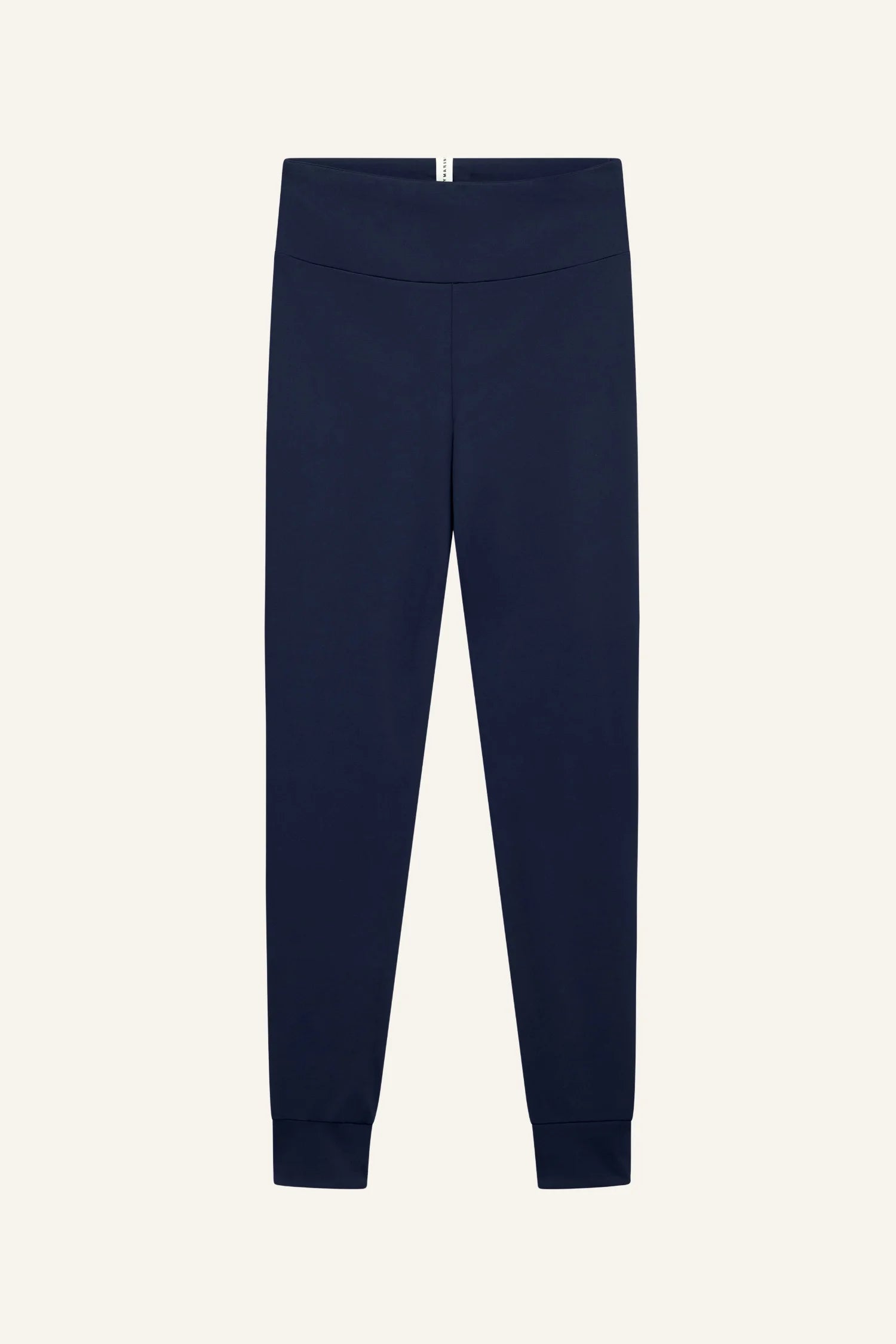 Dunkelblaue MYMARINI-Hose mit breitem Bund und schmalem Schnitt, auf hellem Hintergrund.#color_navy