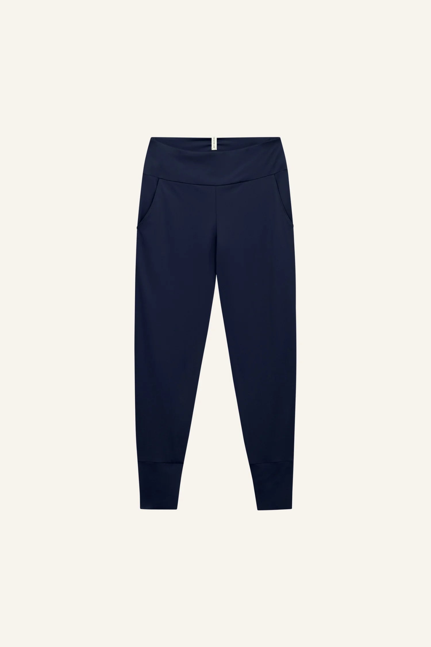 Dunkelblaue MYMARINI-Hose mit breitem Bund und schmalem Bein, vor hellem Hintergrund.#color_navy