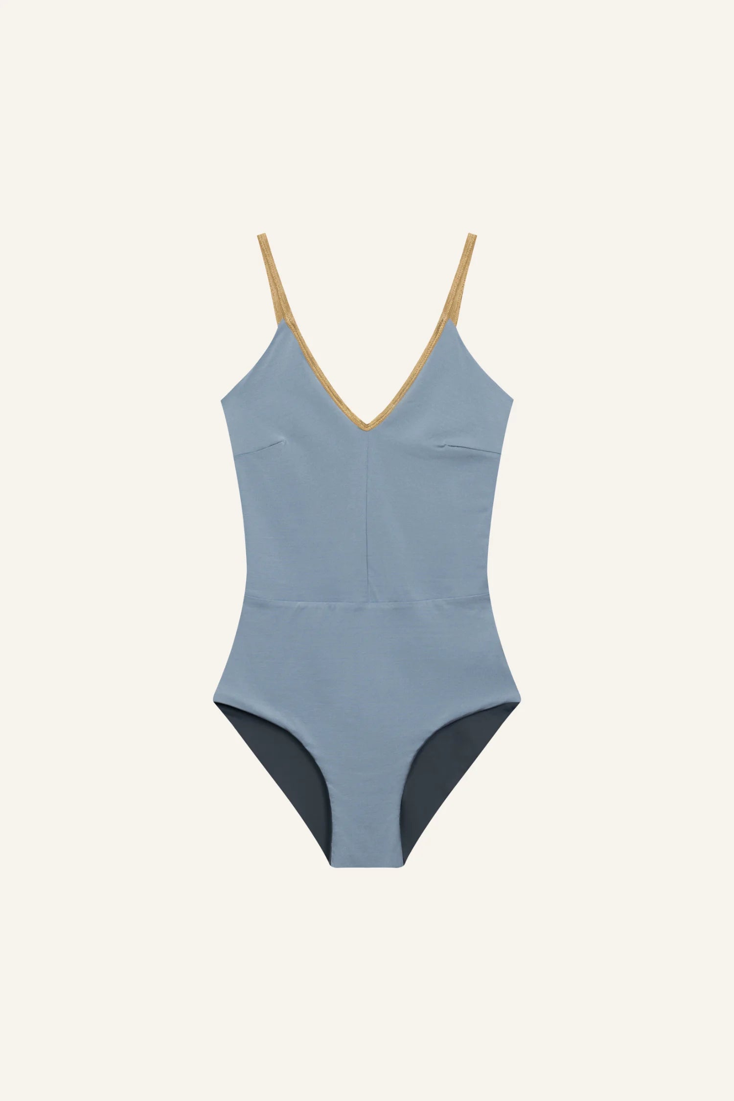 Ein MYMARINI Badeanzug mit V-Ausschnitt und Spaghettiträgern in Blau und Dunkelgrün auf hellem Hintergrund.#color_crystal-grey
