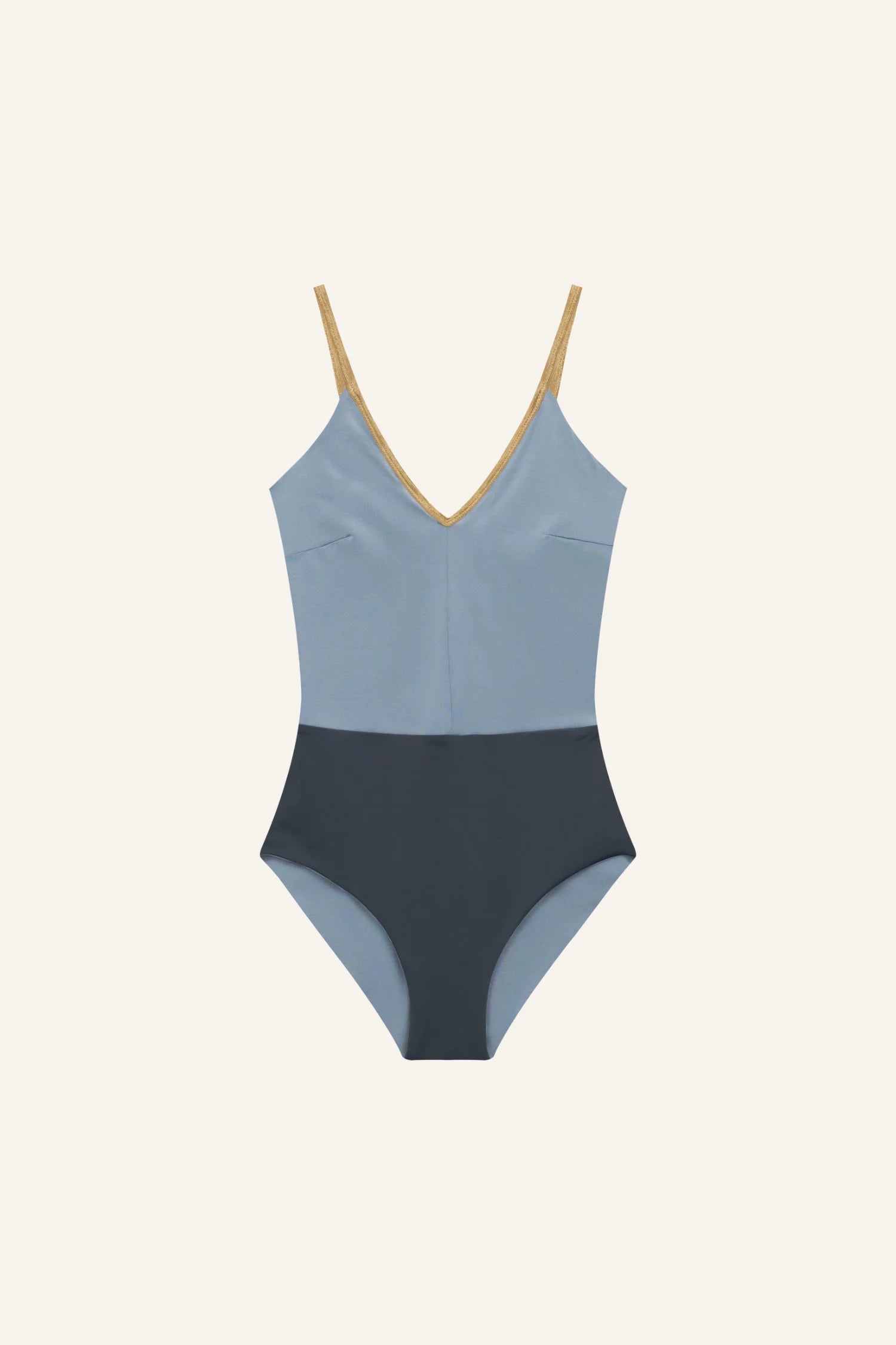 MYMARINI Badeanzug mit V-Ausschnitt, Spaghettiträgern und hohem Beinausschnitt in zweifarbiger Gestaltung.#color_crystal-grey