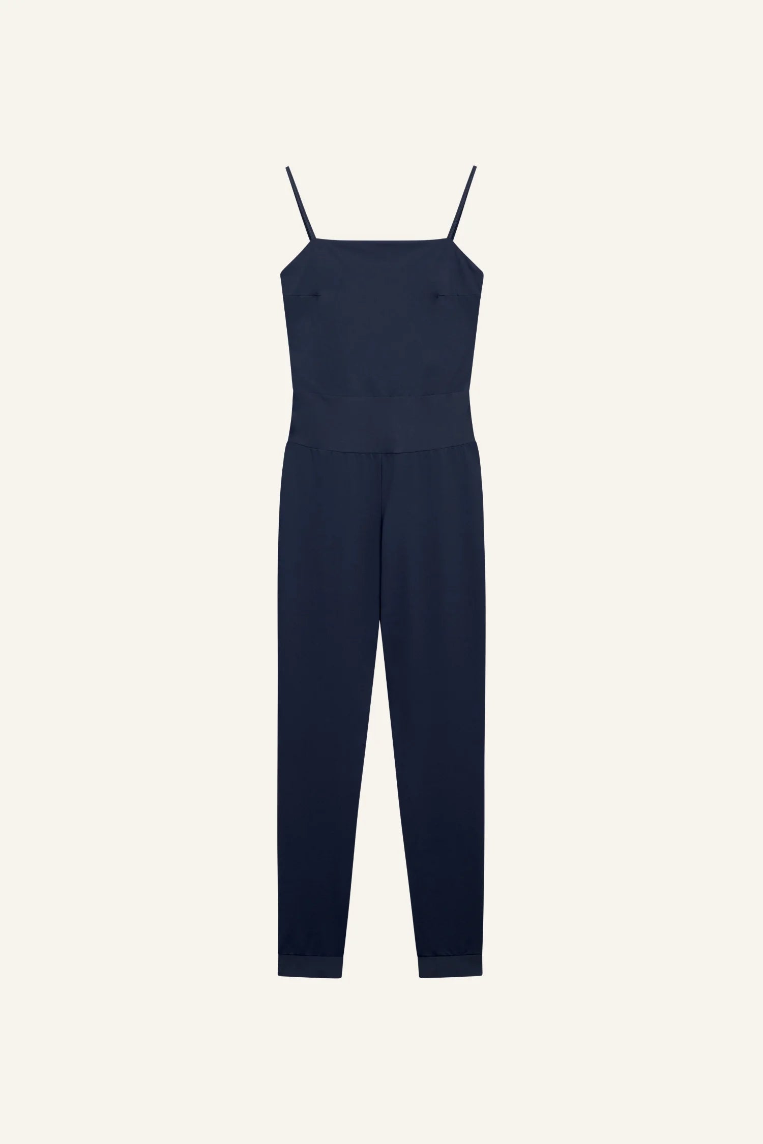 Dunkelblauer MYMARINI Jumpsuit mit Spaghettiträgern, schlichtes Design, auf hellem Hintergrund.#color_navy