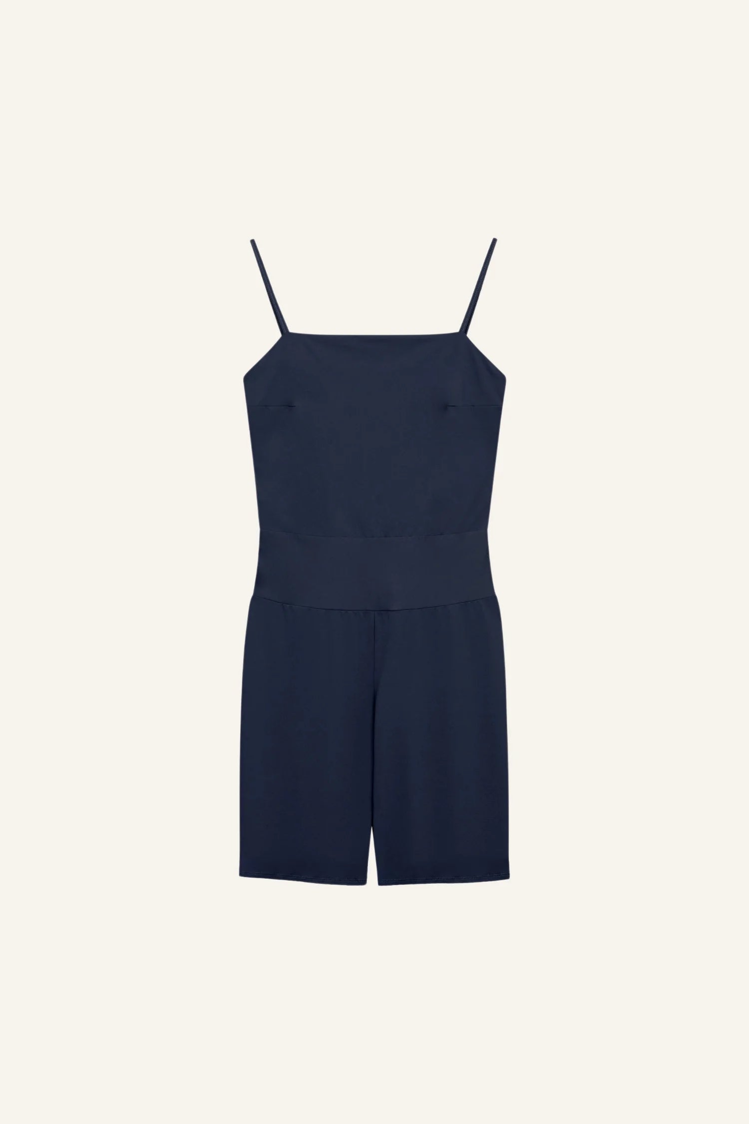 Dunkelblauer MYMARINI-Overall mit Spaghettiträgern und geradem Ausschnitt.#color_navy