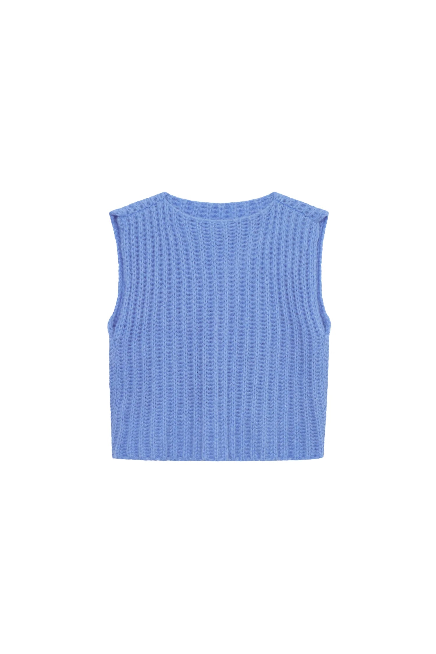 Ärmelloses, blaues Top von MYMARINI in Rippstrick-Optik, hoch geschlossen.#color_capri