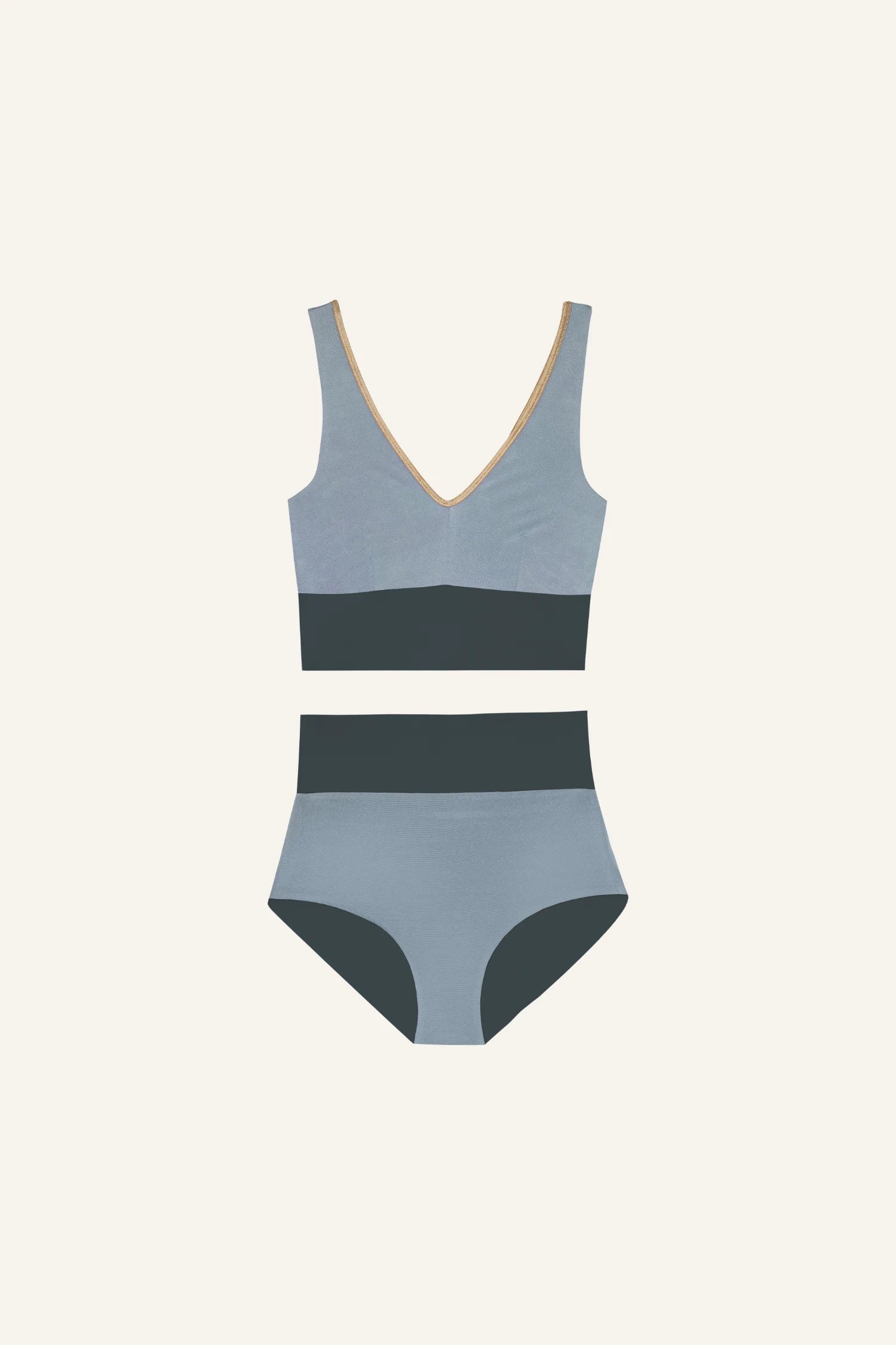 MYMARINI Bikini-Set in Grau mit V-Ausschnitt und High Waist Schnitt auf hellem Hintergrund.#color_crystal-grey