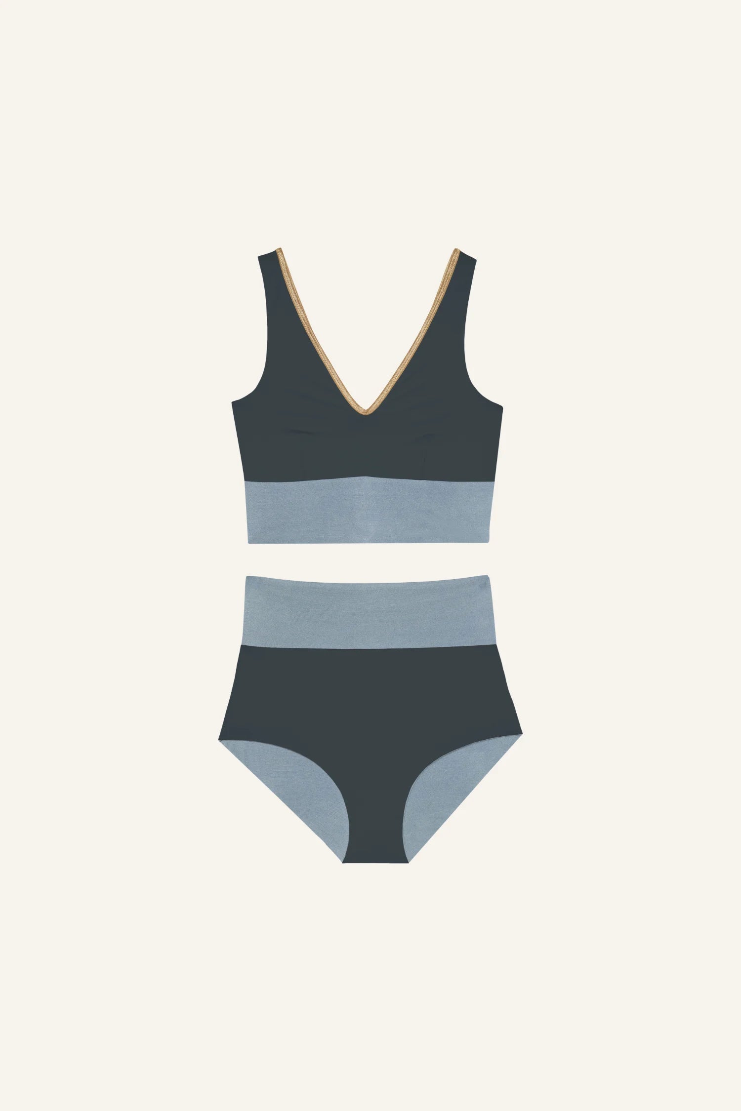 Dunkelgraues MYMARINI Bikinitop mit V-Ausschnitt und passender High-Waist-Bikinihose auf hellem Hintergrund.#color_crystal-grey