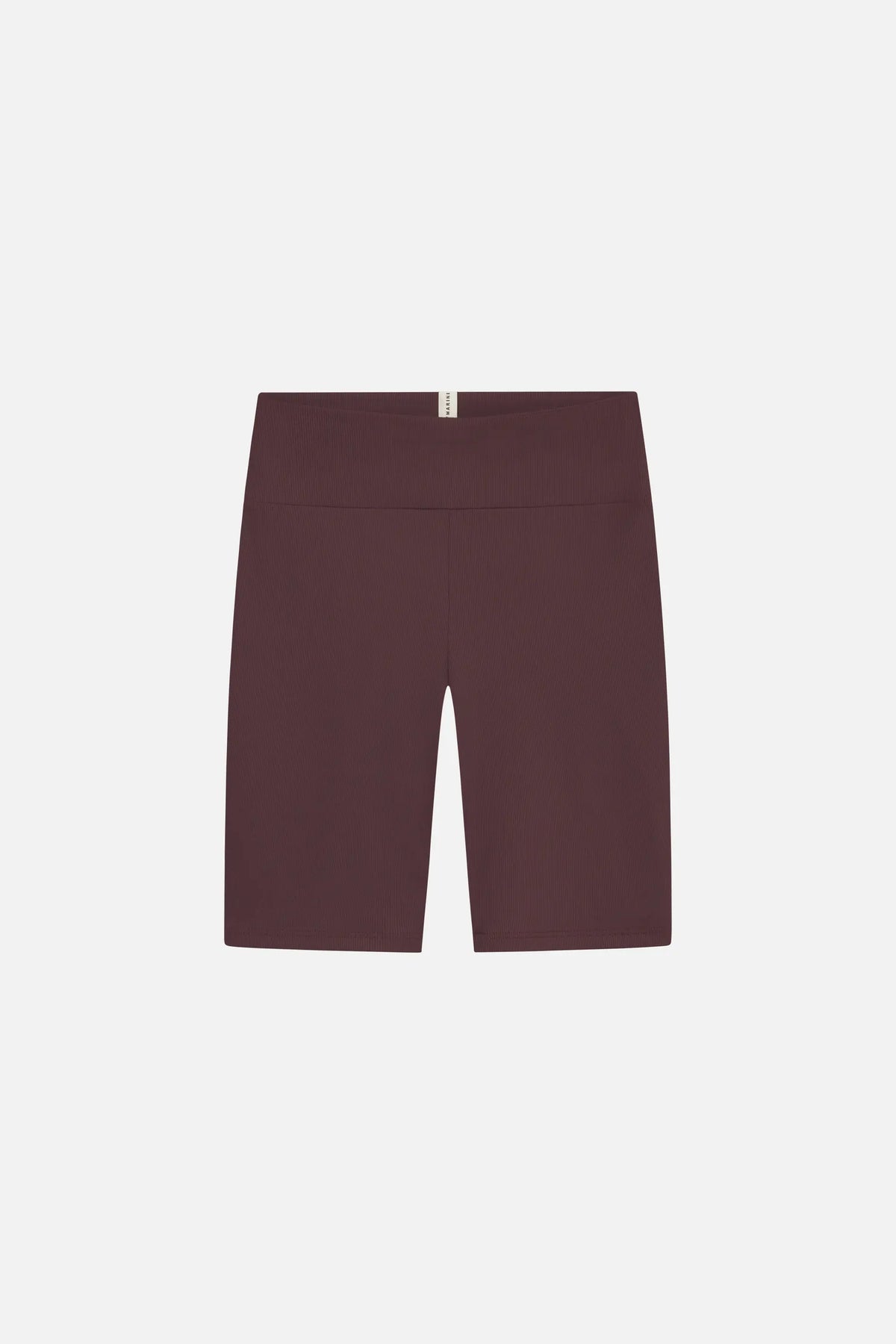 Braune MYMARINI Shorts mit hohem Bund, knielang, auf hellem Hintergrund.#color_chocolate-ribbed