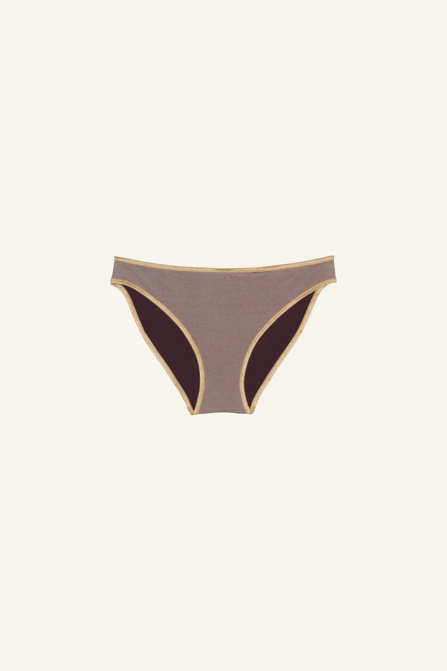 MYMARINI Bikinihose in Braun mit hohem Beinausschnitt auf hellem Hintergrund.#color_shimmer-brown