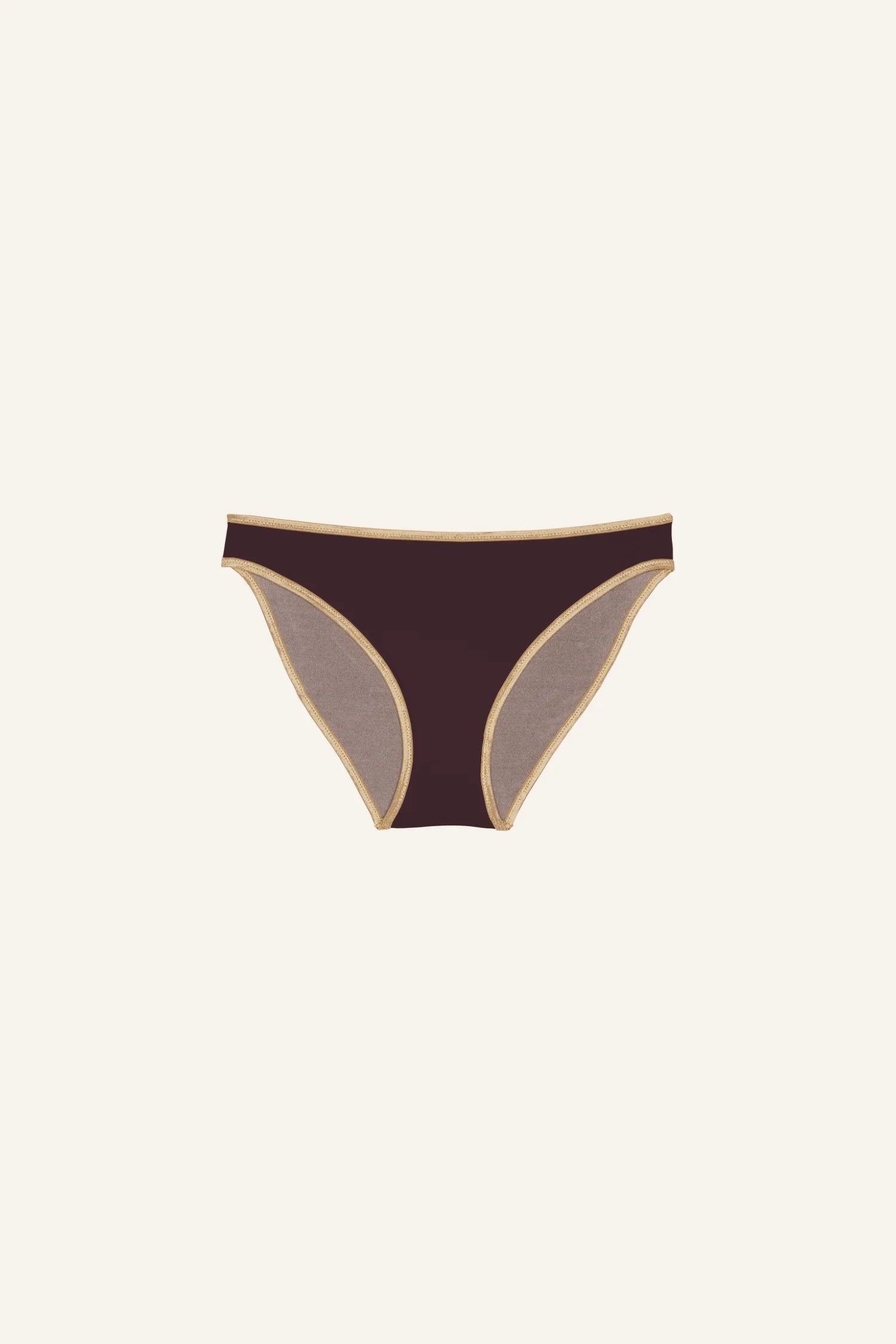 MYMARINI Bikinihose in Dunkelbraun mit beigen Akzenten, Mid rise Schnitt, auf hellem Hintergrund.#color_shimmer-brown