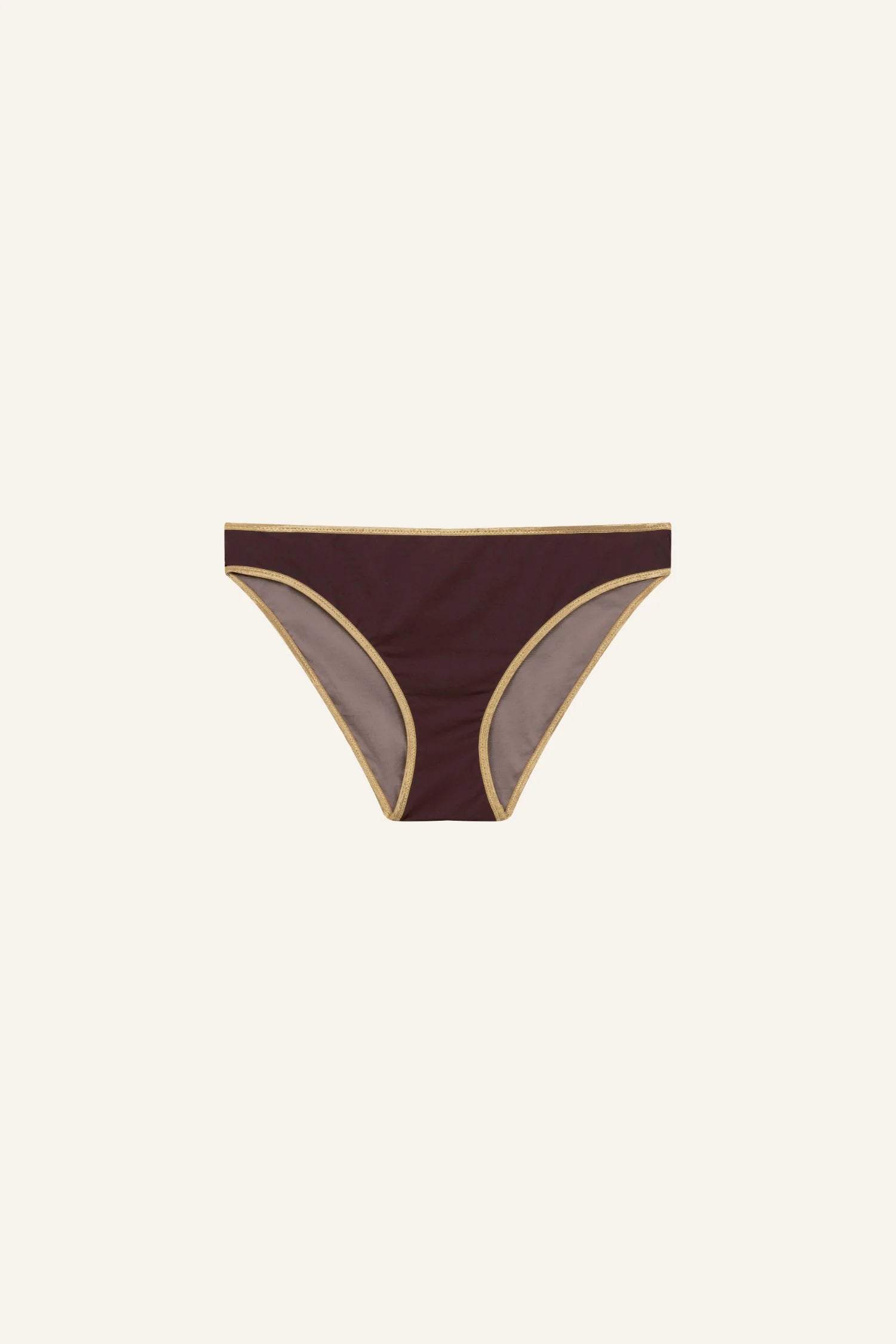 MYMARINI Bikinihose in Dunkelbraun mit beigen Akzenten, Mid rise Schnitt, auf hellem Hintergrund.#color_shimmer-brown
