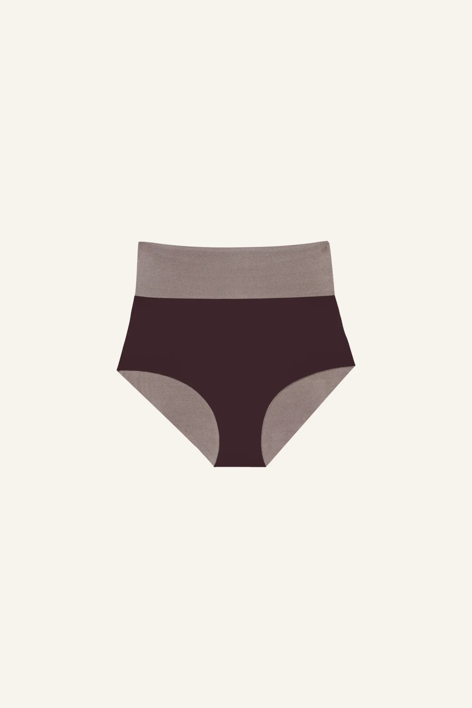 MYMARINI Bikinihose in Dunkelbraun mit High Waist und breitem Bund auf hellem Hintergrund.#color_shimmer-brown