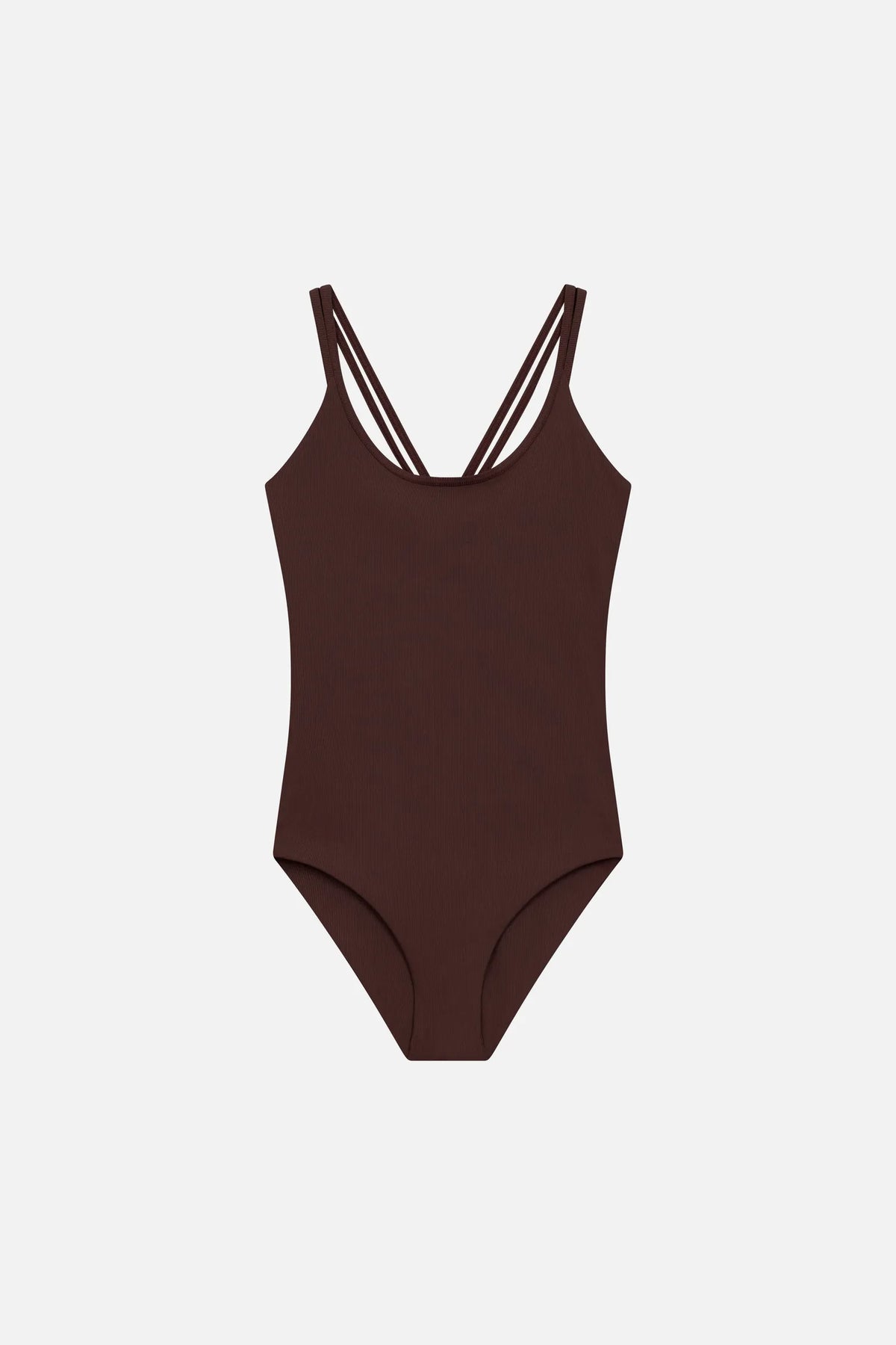 MYMARINI CLEANSUIT swimsuit in chocolate with double spaghetti straps, front view on a light background#color_chocolate-ribbed
