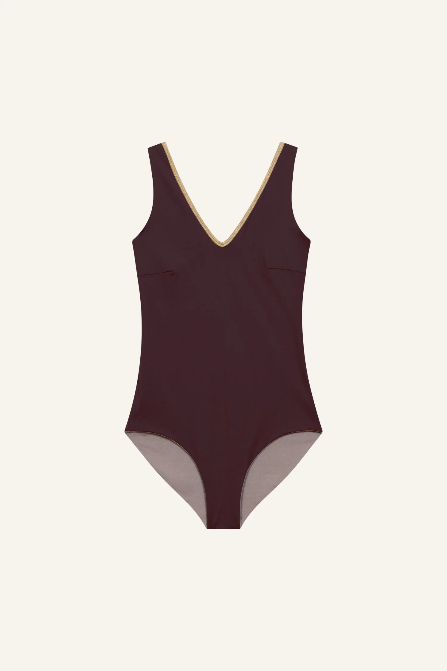 MYMARINI Badeanzug mit V-Ausschnitt und hohem Beinausschnitt in Dunkelbraun auf hellem Hintergrund.#color_shimmer-brown