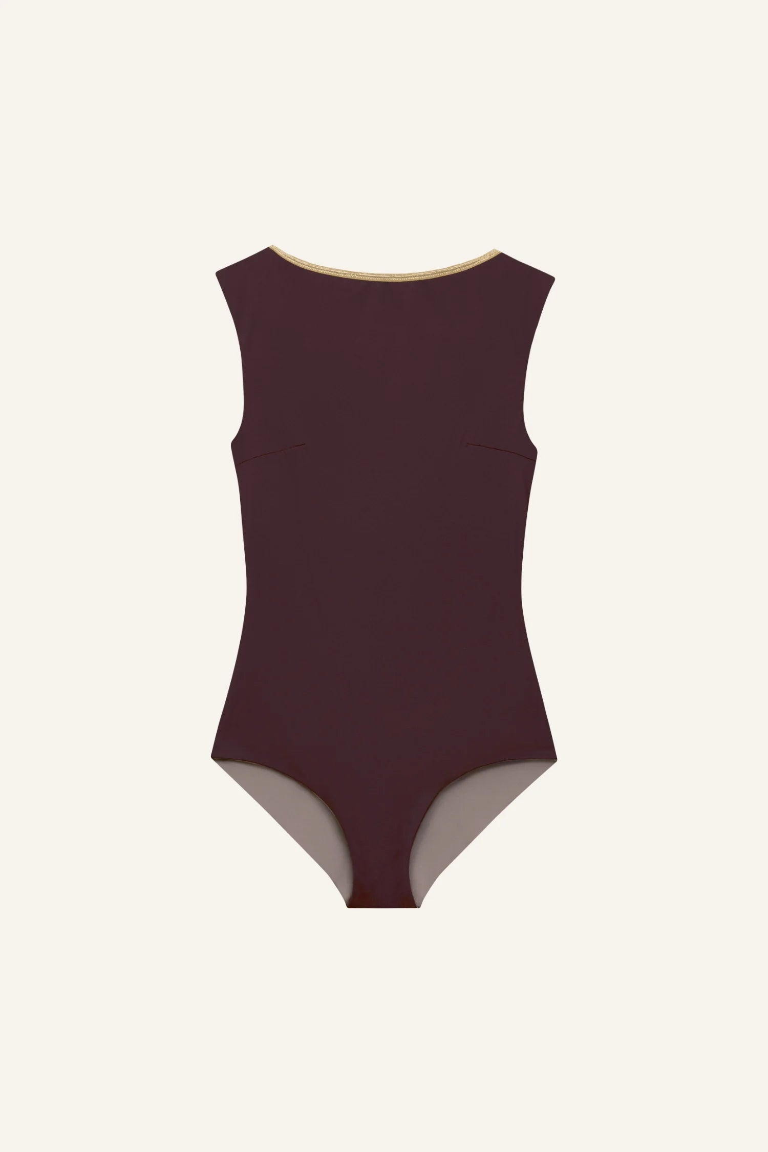 MYMARINI Badeanzug mit V-Ausschnitt und hohem Beinausschnitt in Braun- und Beigetönen auf hellem Hintergrund.#color_shimmer-brown