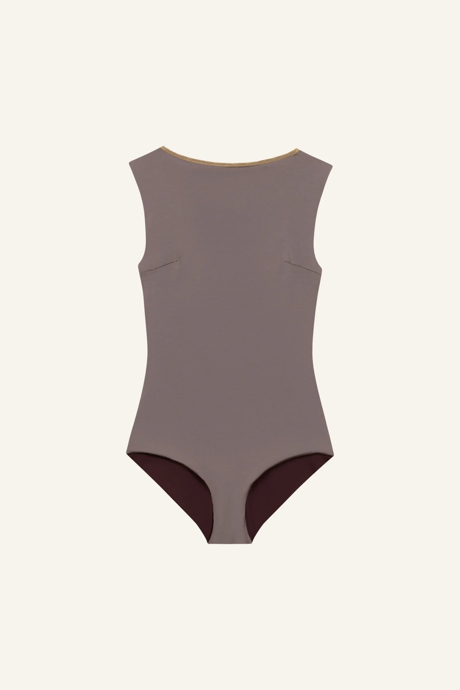 MYMARINI Badeanzug mit V-Ausschnitt und hohem Beinausschnitt in zweifarbiger Optik, dunkel und beige.#color_shimmer-brown