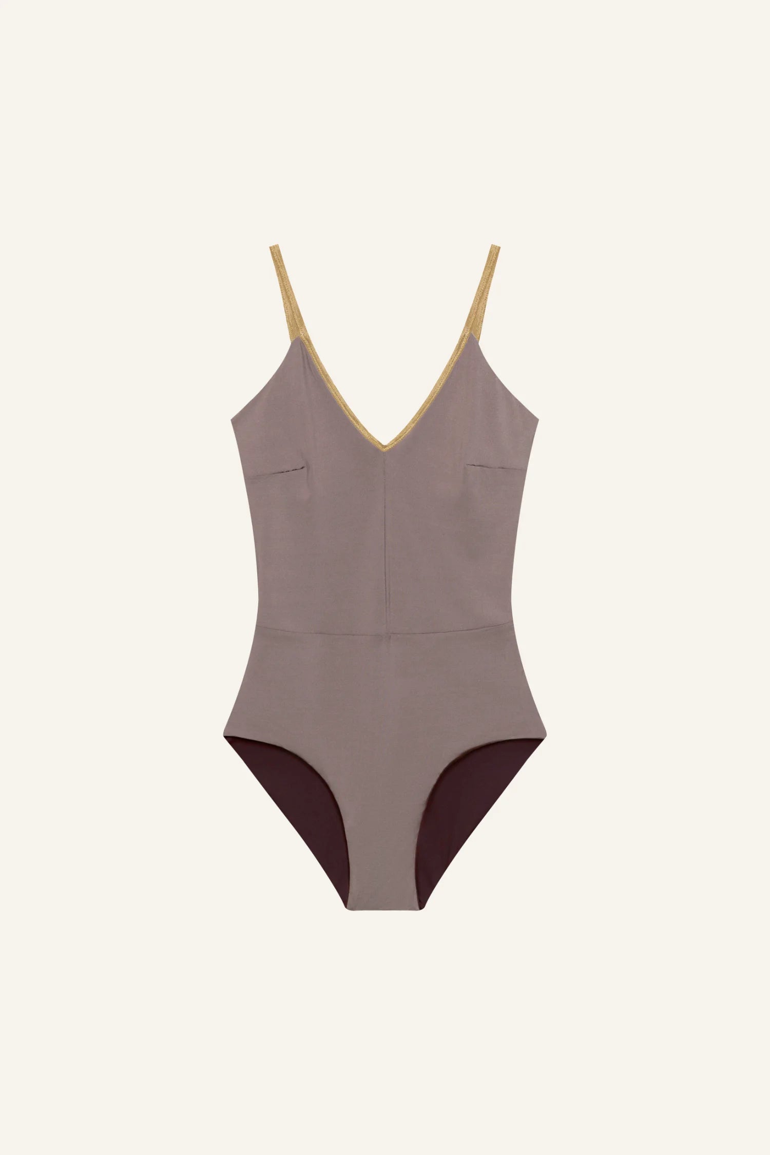 MYMARINI Badeanzug mit V-Ausschnitt und Spaghettiträgern in Beige und Braun auf hellem Hintergrund.#color_shimmer-brown