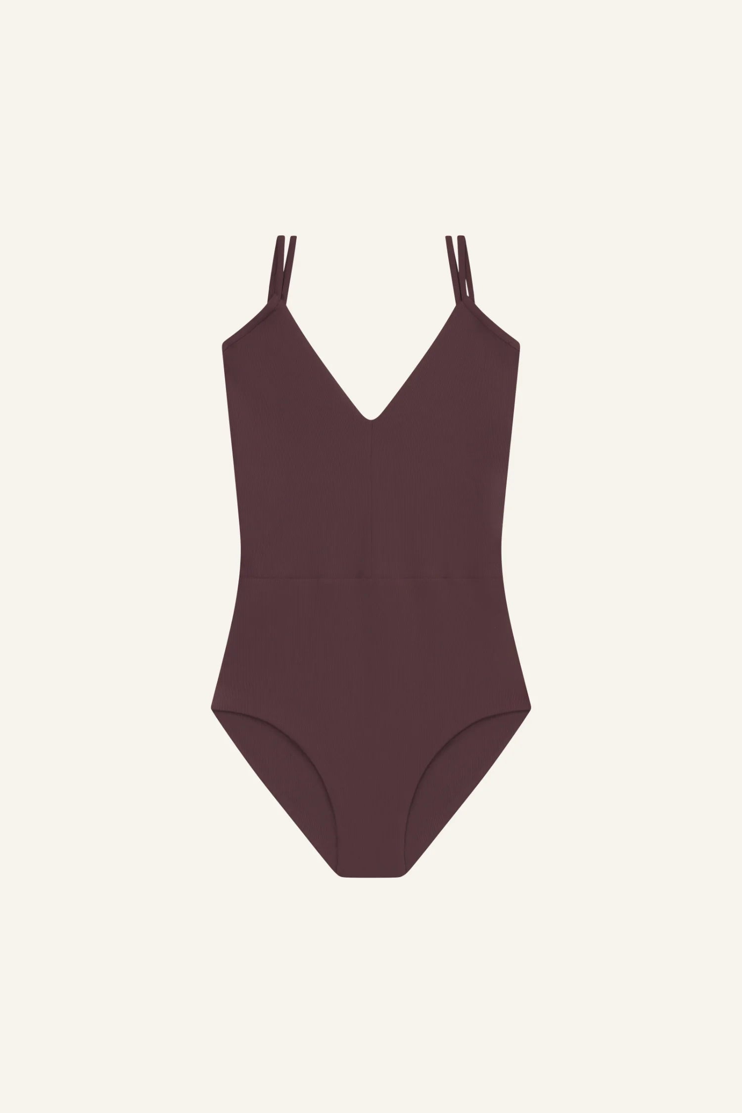 Brauner MYMARINI Badeanzug mit V-Ausschnitt und breiten Trägern, vor hellem Hintergrund.#color_chocolate