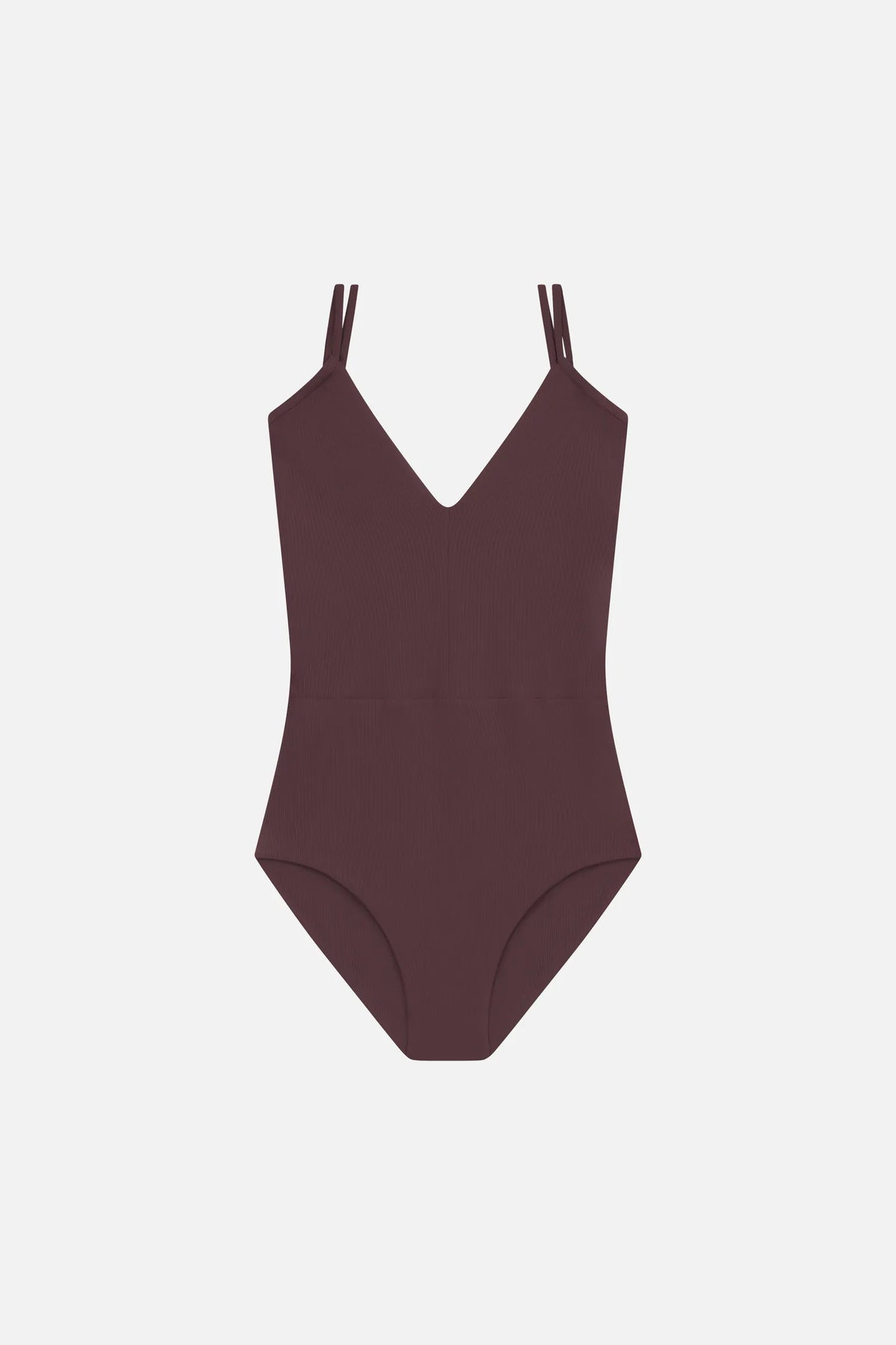Brauner MYMARINI Badeanzug mit V-Ausschnitt und breiten Trägern, vor hellem Hintergrund.#color_chocolate-ribbed