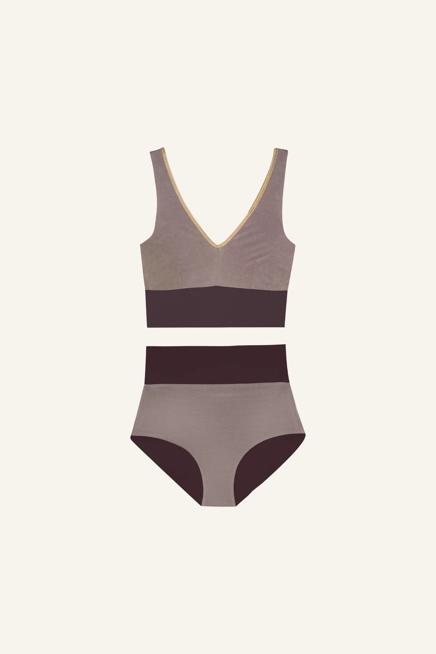 MYMARINI Bikini-Set mit V-Ausschnitt und High-Waist-Schnitt in Beige und Braun auf hellem Hintergrund.#color_shimmer-brown