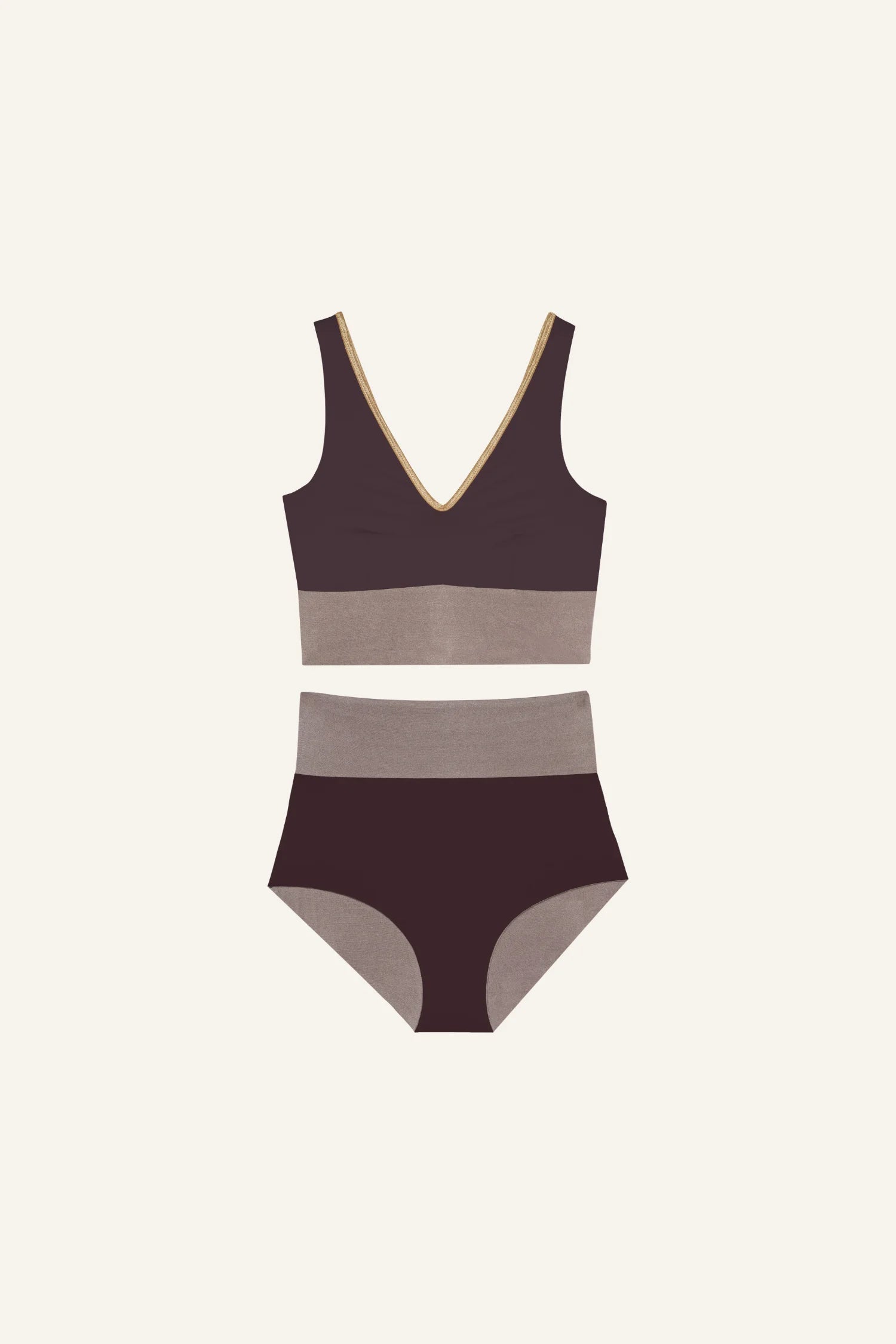 MYMARINI Bikini-Set mit V-Ausschnitt und High Waist in Braun und Beige auf hellem Hintergrund.#color_shimmer-brown