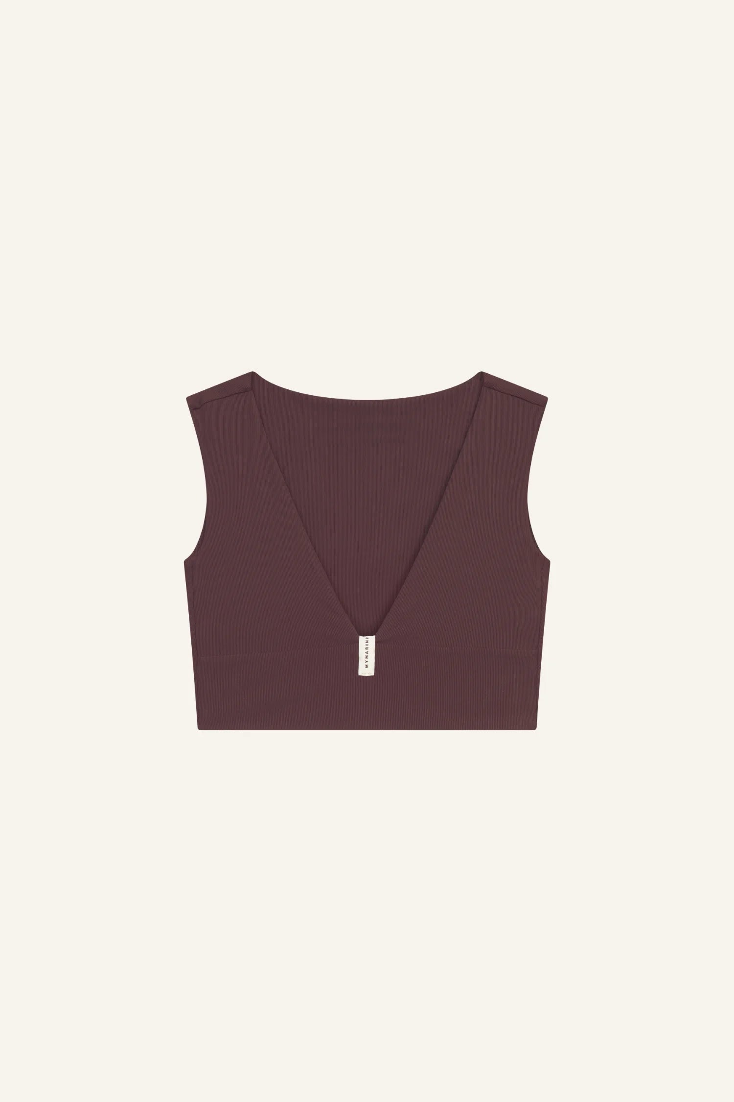 MYMARINI Bikinitop in Braun mit V-Ausschnitt und breiten Trägern, auf hellem Hintergrund.#color_chocolate