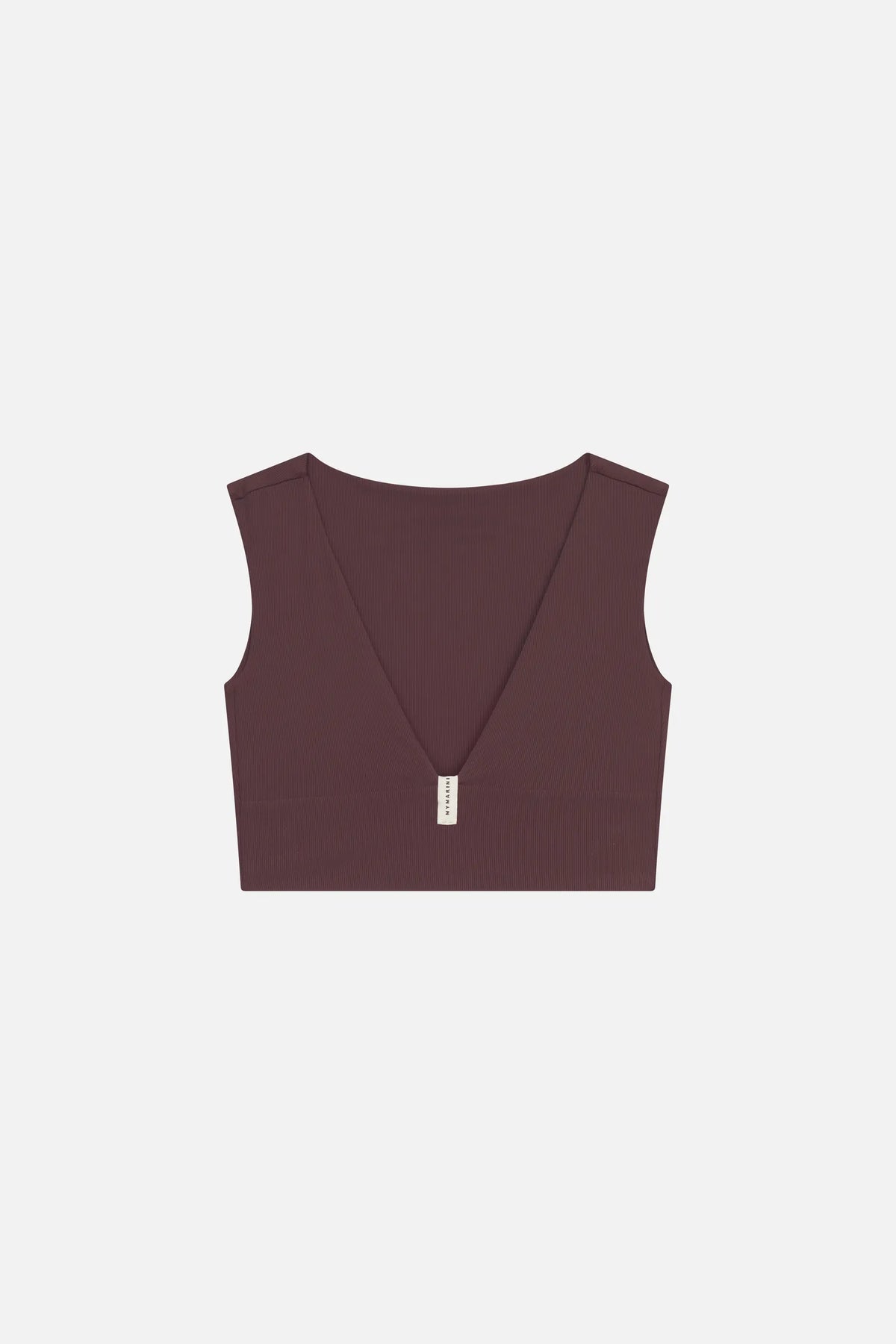MYMARINI Bikinitop in Braun mit V-Ausschnitt und breiten Trägern, auf hellem Hintergrund.#color_chocolate-ribbed