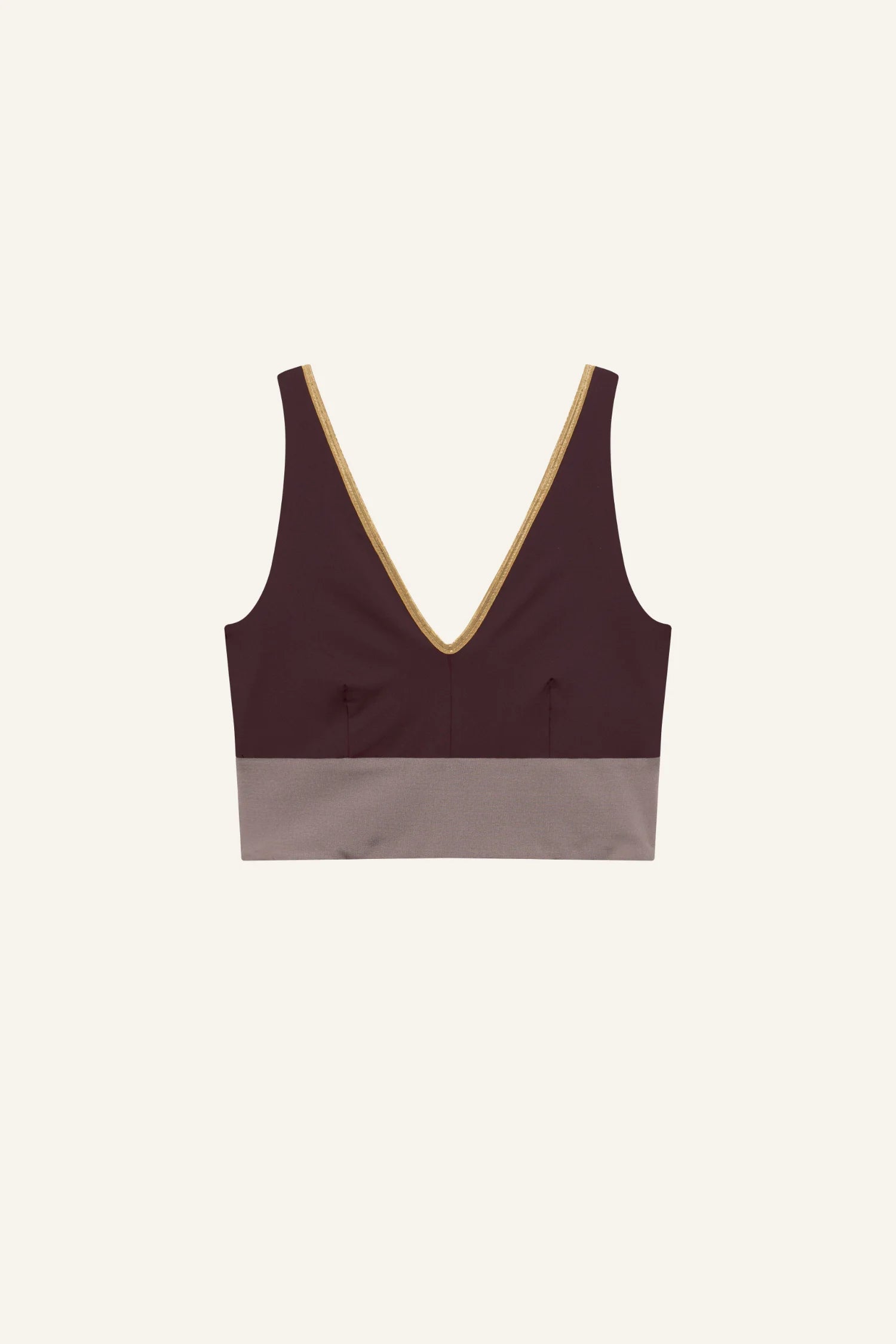 MYMARINI Bikinitop mit V-Ausschnitt in Braun und Beige auf hellem Hintergrund.#color_shimmer-brown