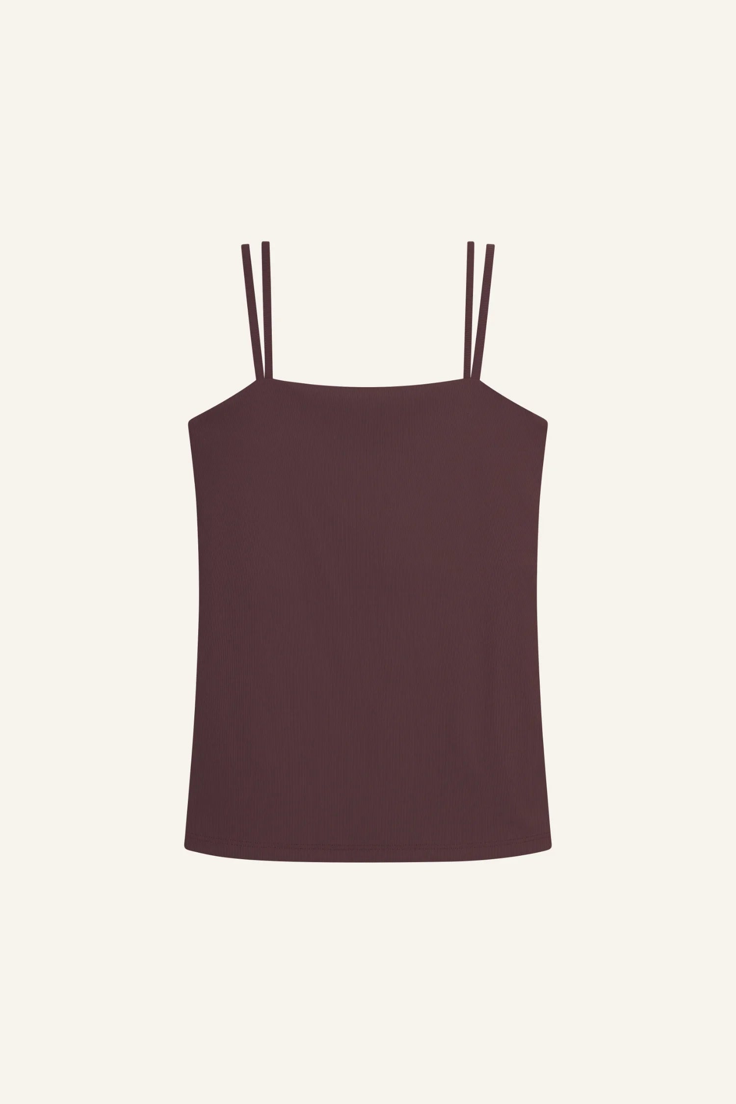 Braunes MYMARINI-Top mit Spaghettiträgern vor hellem Hintergrund.#color_chocolate