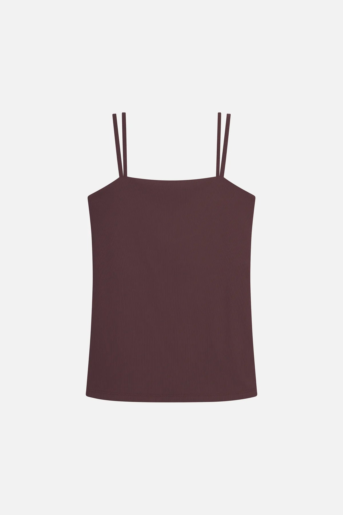 Braunes MYMARINI-Top mit Spaghettiträgern vor hellem Hintergrund.#color_chocolate-ribbed