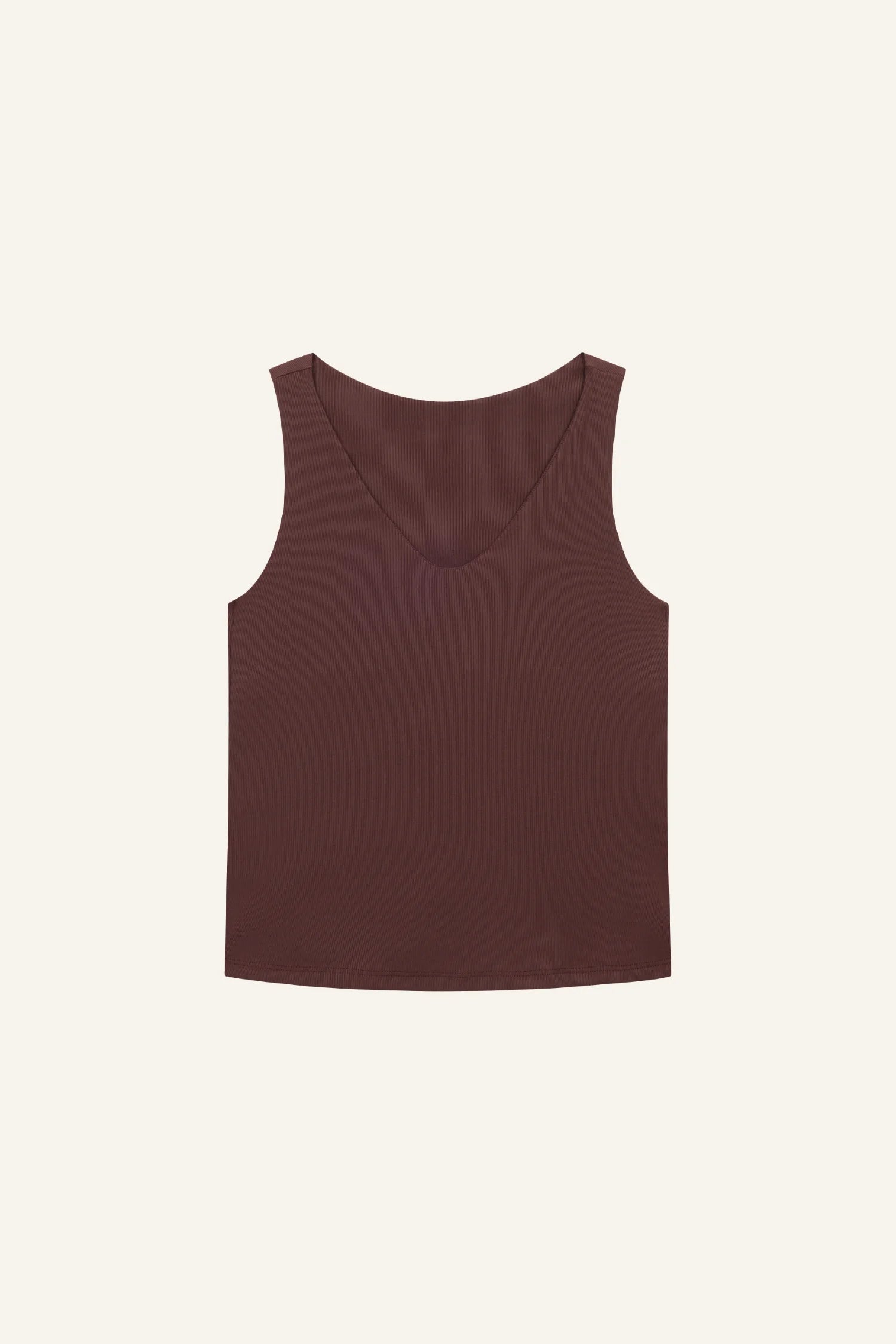 Ärmelloses MYMARINI-Top in Braun mit V-Ausschnitt, vor hellem Hintergrund.#color_chocolate