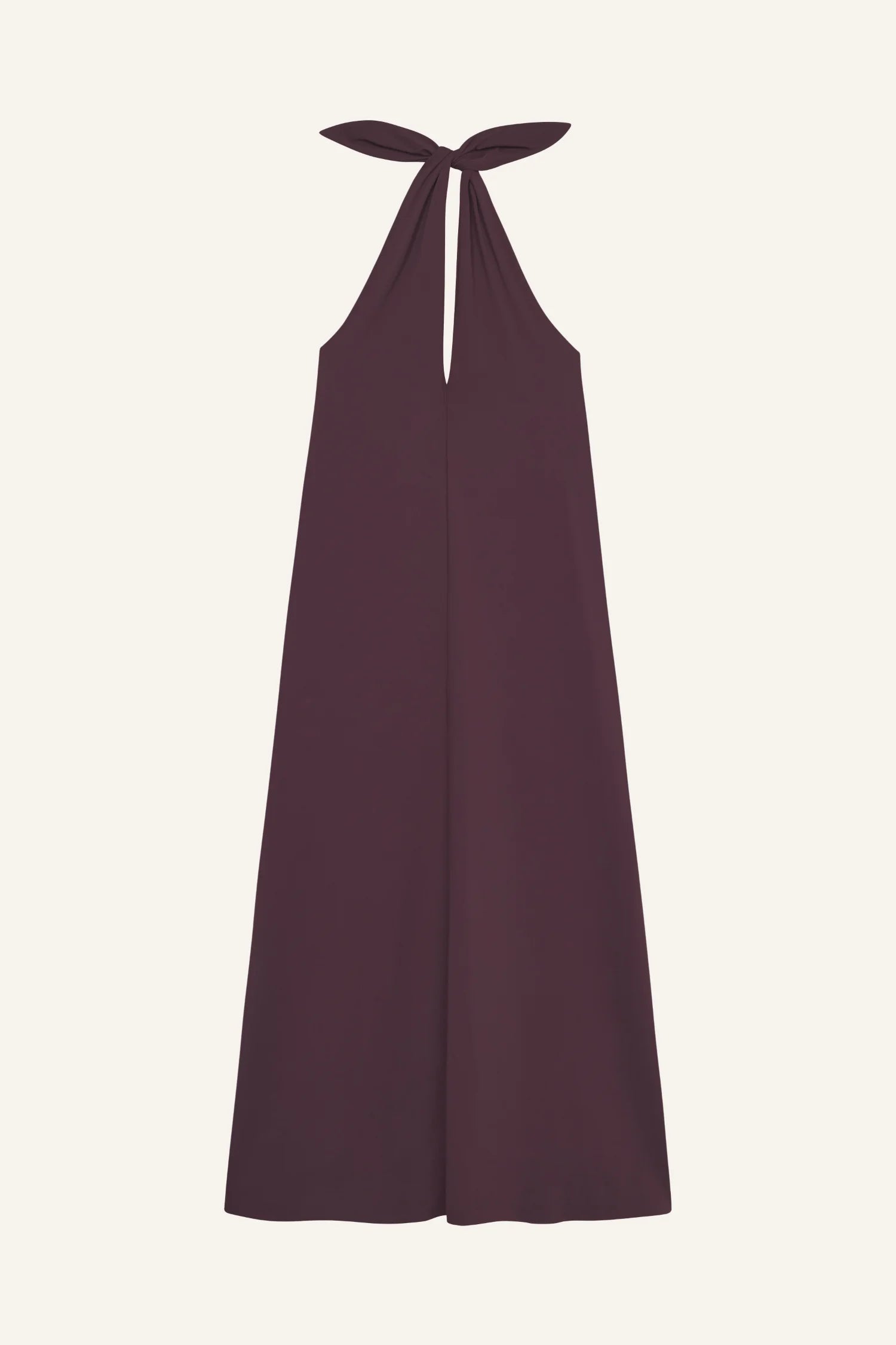 MYMARINI Kleid in Dunkelrot, Halterneck mit Bindeband, langes ärmelloses Kleid mit geradem Fall.#color_chocolate