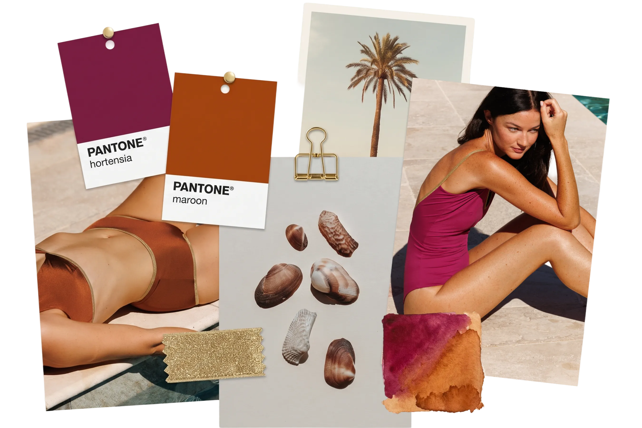 Moodboard for the maroon-hortensia palette with Pantone chips, a palm, and women in swimwear