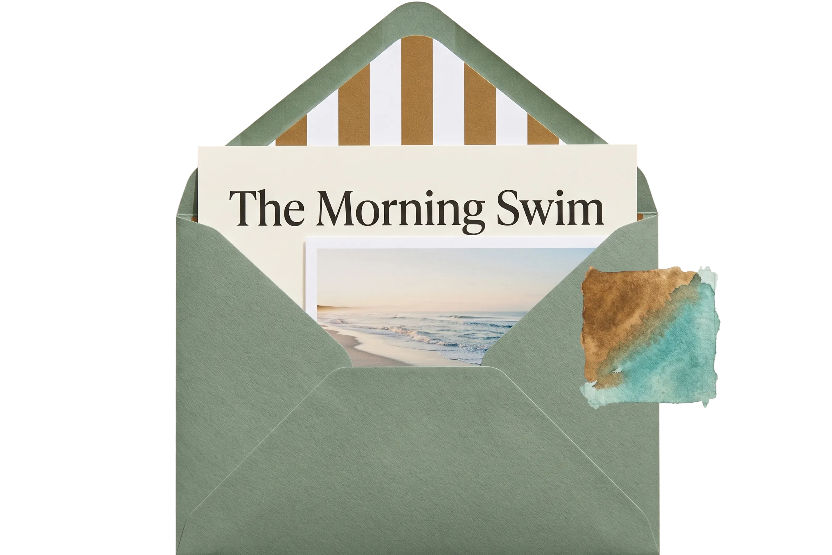 Moodboard "The Morning Swim" for the oak-eucalyptus palette with a beach photo and a watercolor swatch