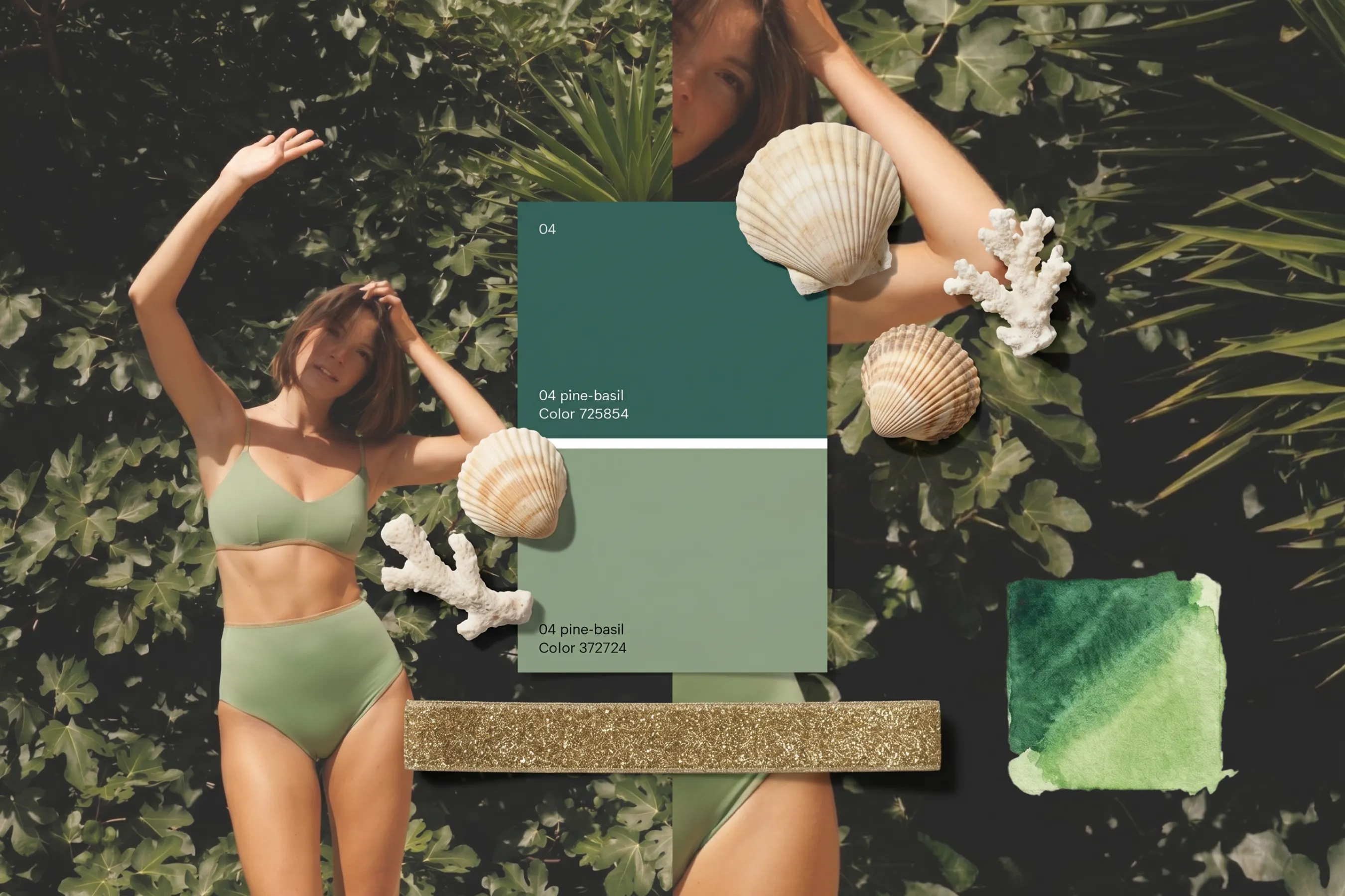 Moodboard for the pine-basil palette with color chips, shells, and a woman in a sage bikini