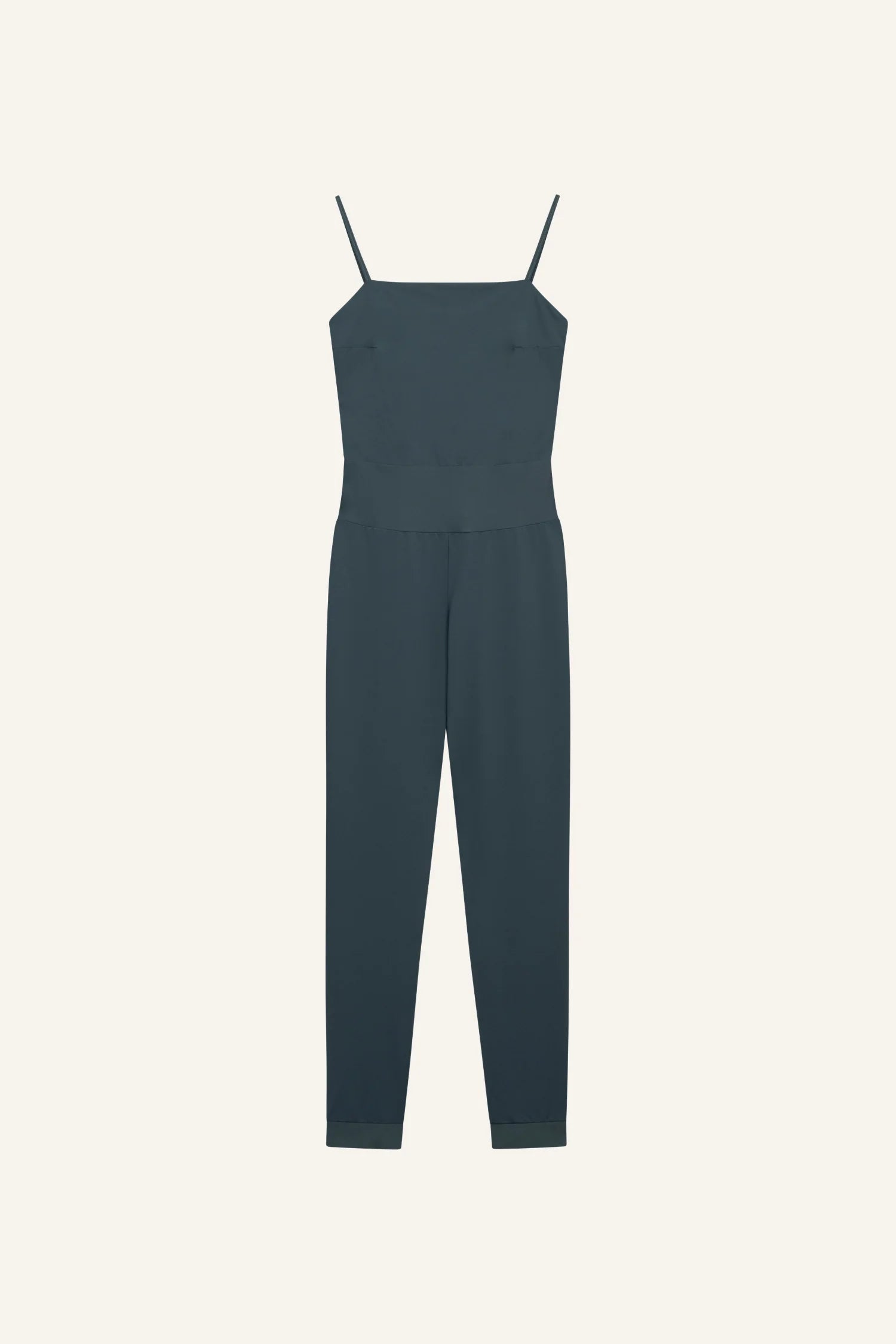 Dunkelgrüner MYMARINI-Overall mit Spaghettiträgern, schmalem Schnitt und geradem Bein, vor hellem Hintergrund.#color_grey