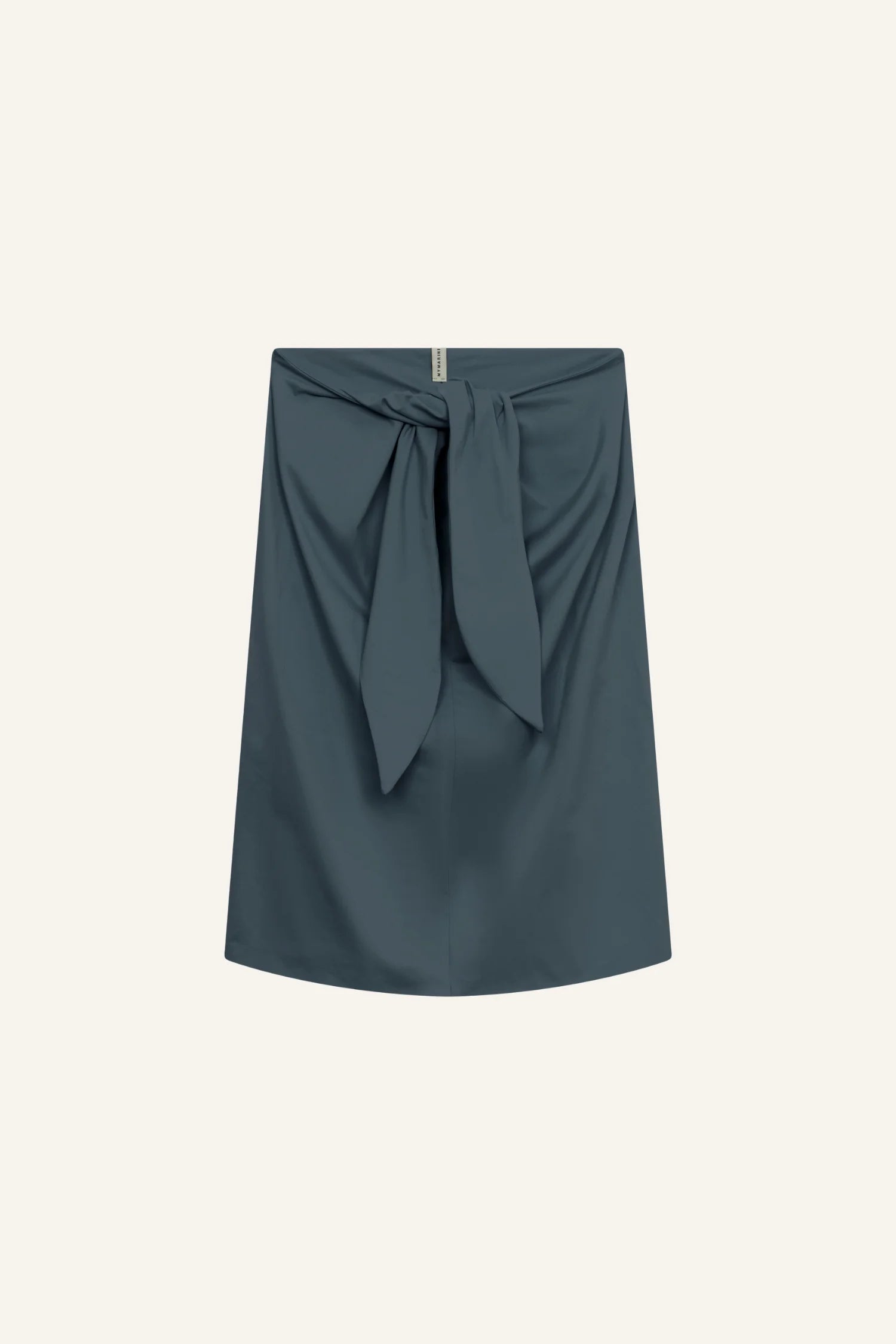 Dunkelblauer MYMARINI Rock mit Knoten-Detail vorne, knielang, auf hellem Hintergrund.#color_grey