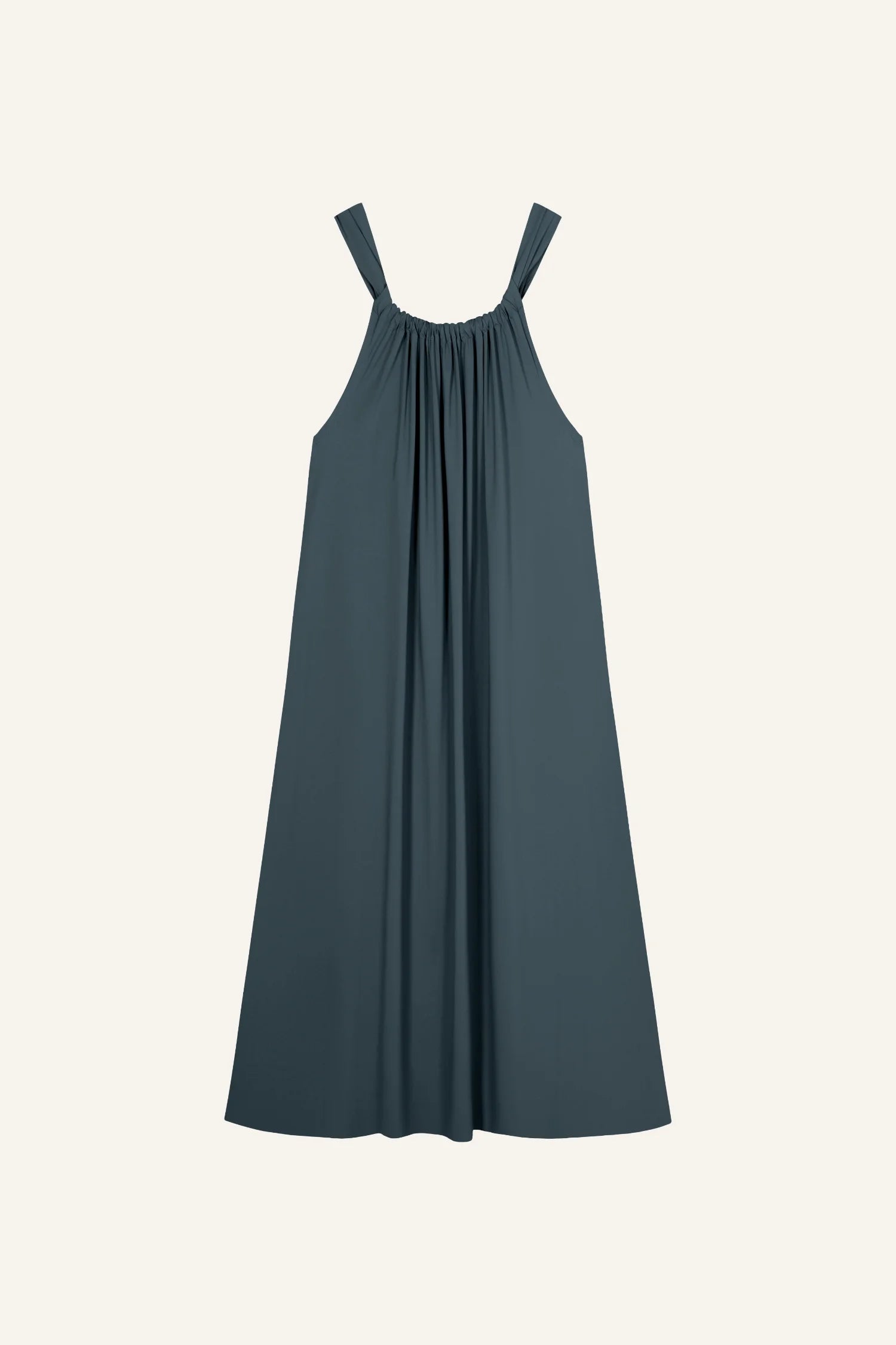 Ärmelloses MYMARINI-Kleid in Dunkelblau mit breiten Trägern, locker fallend.#color_grey