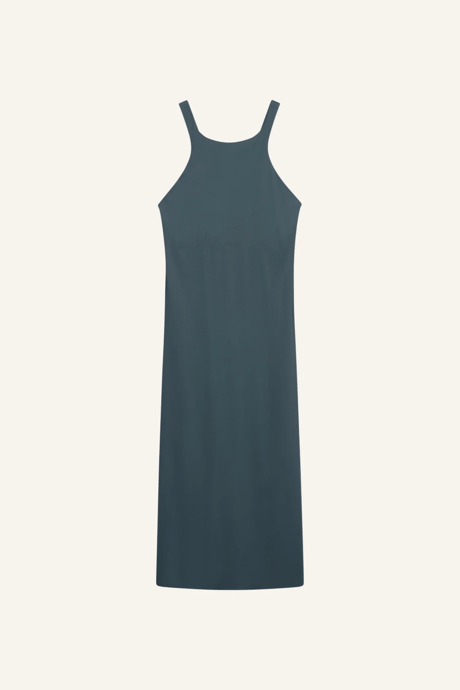 Ärmelloses MYMARINI-Kleid in Dunkelblau mit schmalen Trägern und geradem Schnitt vor hellem Hintergrund.#color_grey