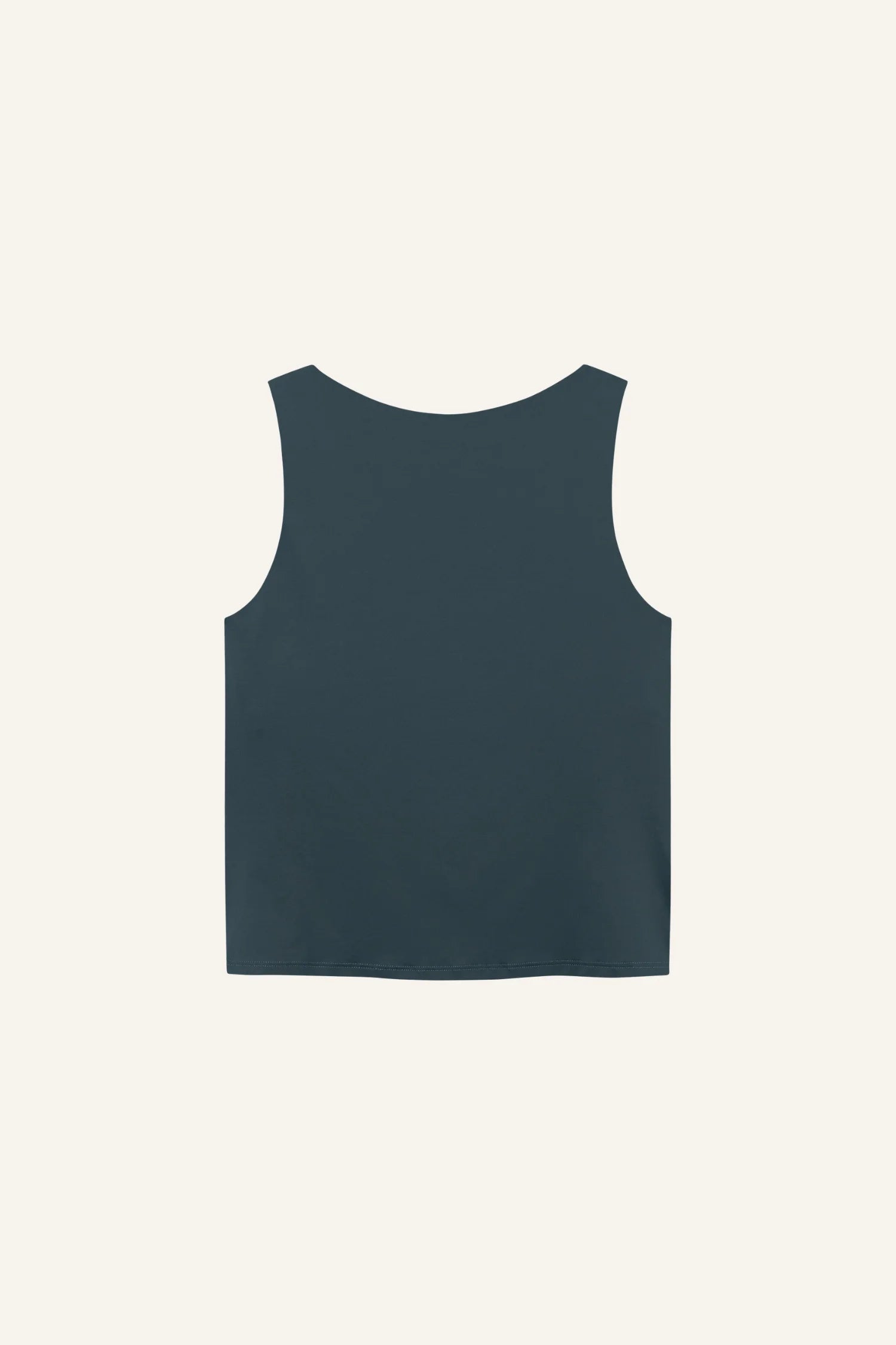 Ärmelloses MYMARINI-Top in Dunkelblau, hoch geschlossen, vor hellem Hintergrund.#color_grey