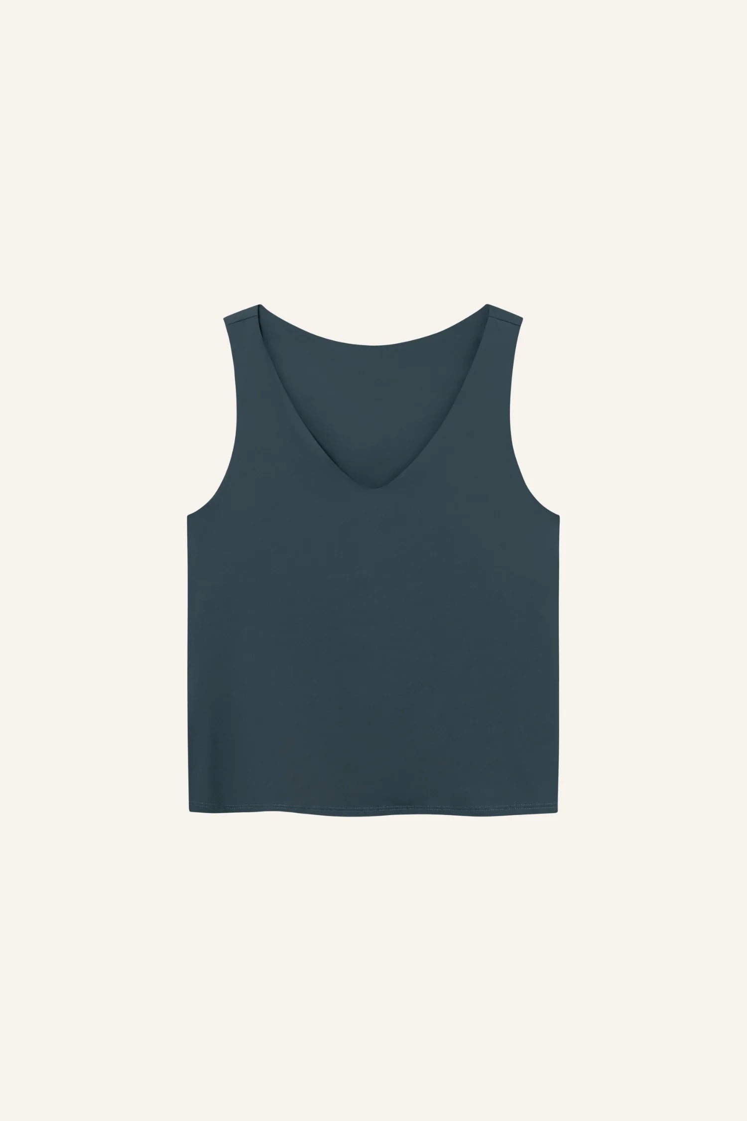 Ärmelloses MYMARINI Top mit V-Ausschnitt in Dunkelblau vor hellem Hintergrund.#color_grey