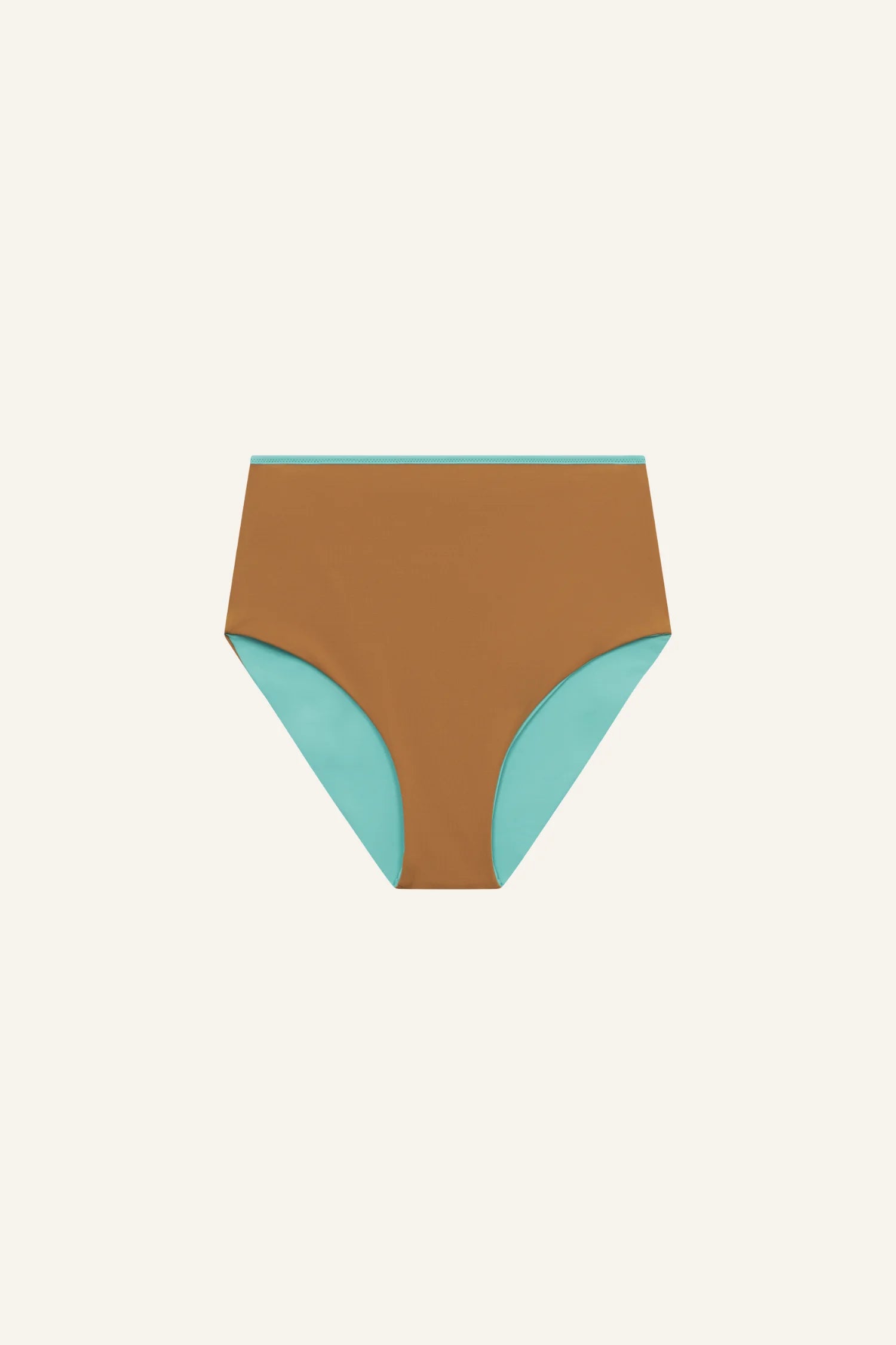 MYMARINI Bikinihose, High waist, braun mit türkisfarbener Innenseite, sichtbare Beinausschnitte.#color_oak-eucalyptus