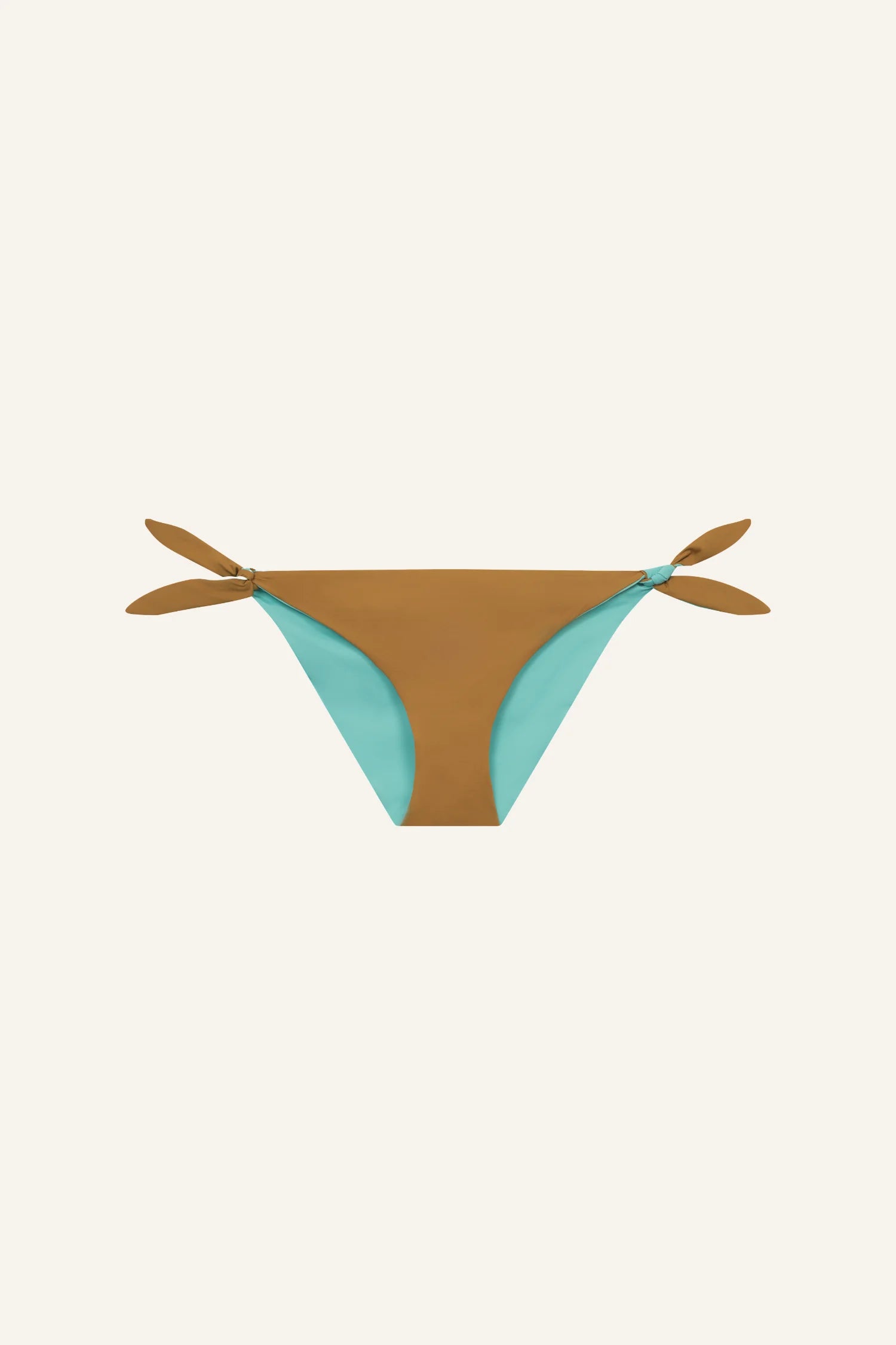 MYMARINI Bikinihose, braun mit türkisfarbener Innenseite, seitliche Bindebänder, Low rise.#color_oak-eucalyptus