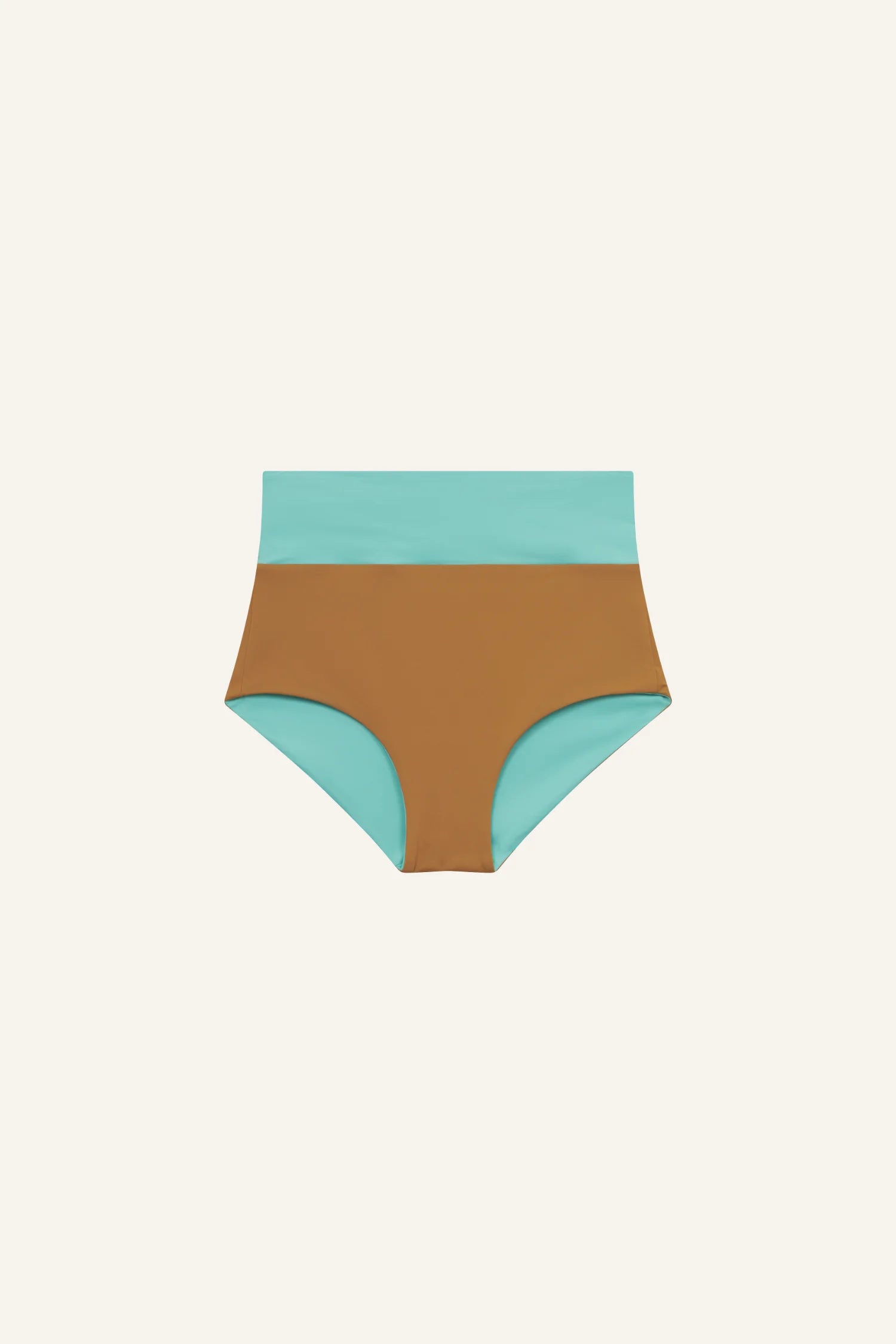 MYMARINI Bikini-Hose im Hochwaist-Schnitt; Blockfarbe mit Türkis-Taille und braunem Vorderteil.#color_oak-eucalyptus